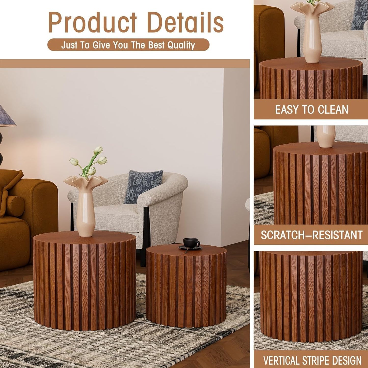 Round Coffee Table Set of 2, Nesting Coffee Table and End Table Set Small Circle Drum Side Table for Living Room Office, No Assembly (C Walnut Small)