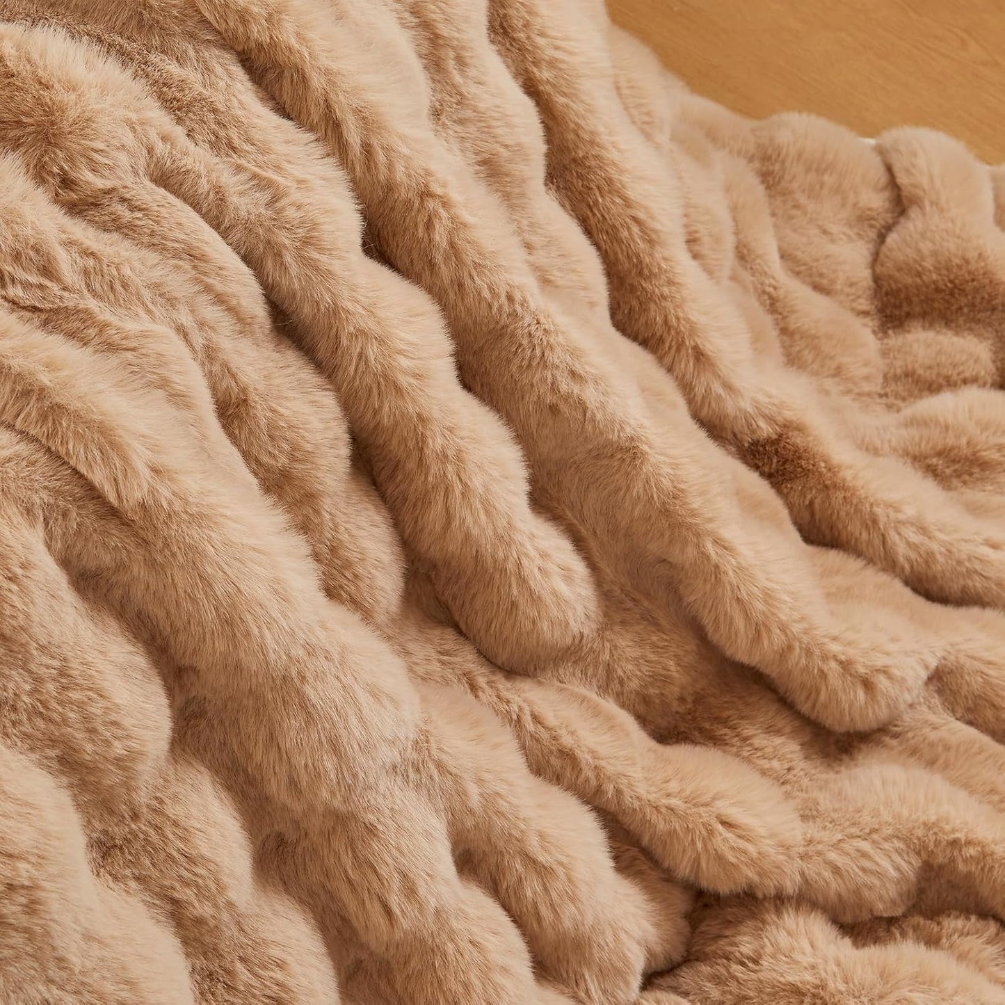 Lotus Karen King Size Faux Fur Blanket Khaki - Big Bubble Rabbit Fluff Blanket for Bed, Large Fluffy Fuzzy Cozy Blanket, Thick Furry Plush Shaggy Blankets, 108x90 Inches