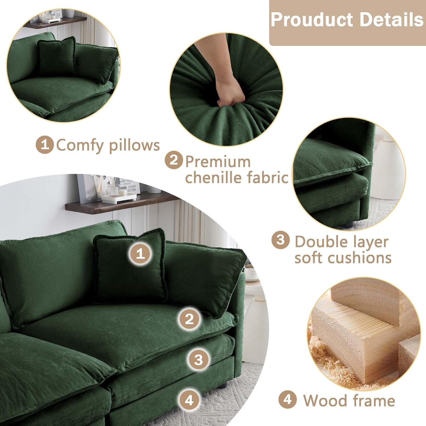 Sectional Sofa 4 Seater with Movable 1 Ottoman,Oversized Modular Couch Deep Seat (Green, 146.5 inch-L)