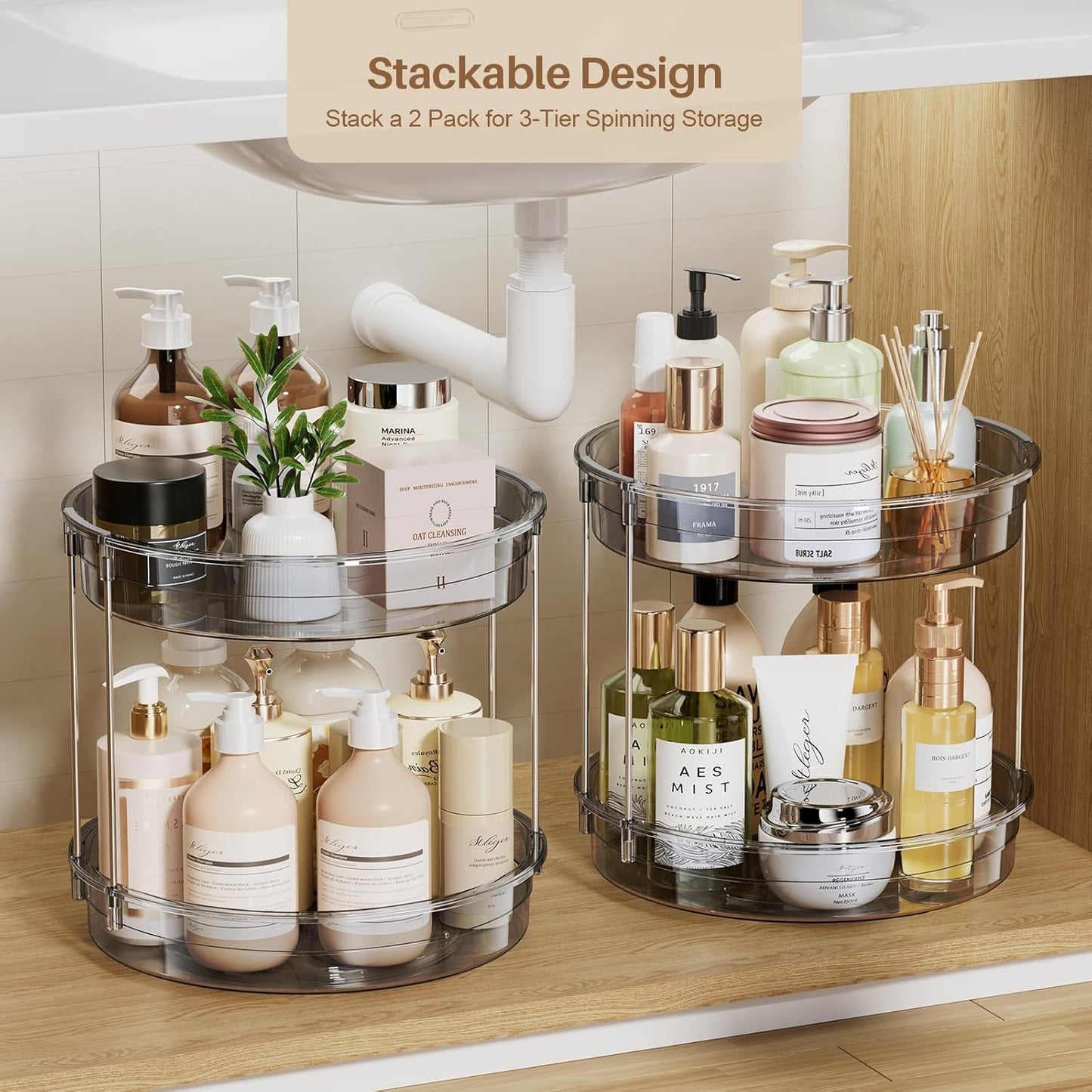 LAMU 2 Pack 2 Tier Lazy Susan Turntable Organizer 12'' Rotating Spice Rack Organization for Cabinet, Kitchen, Pantry, Countertop, Bathroom, Vanity, Medicine Cabinet Organizer, Grey