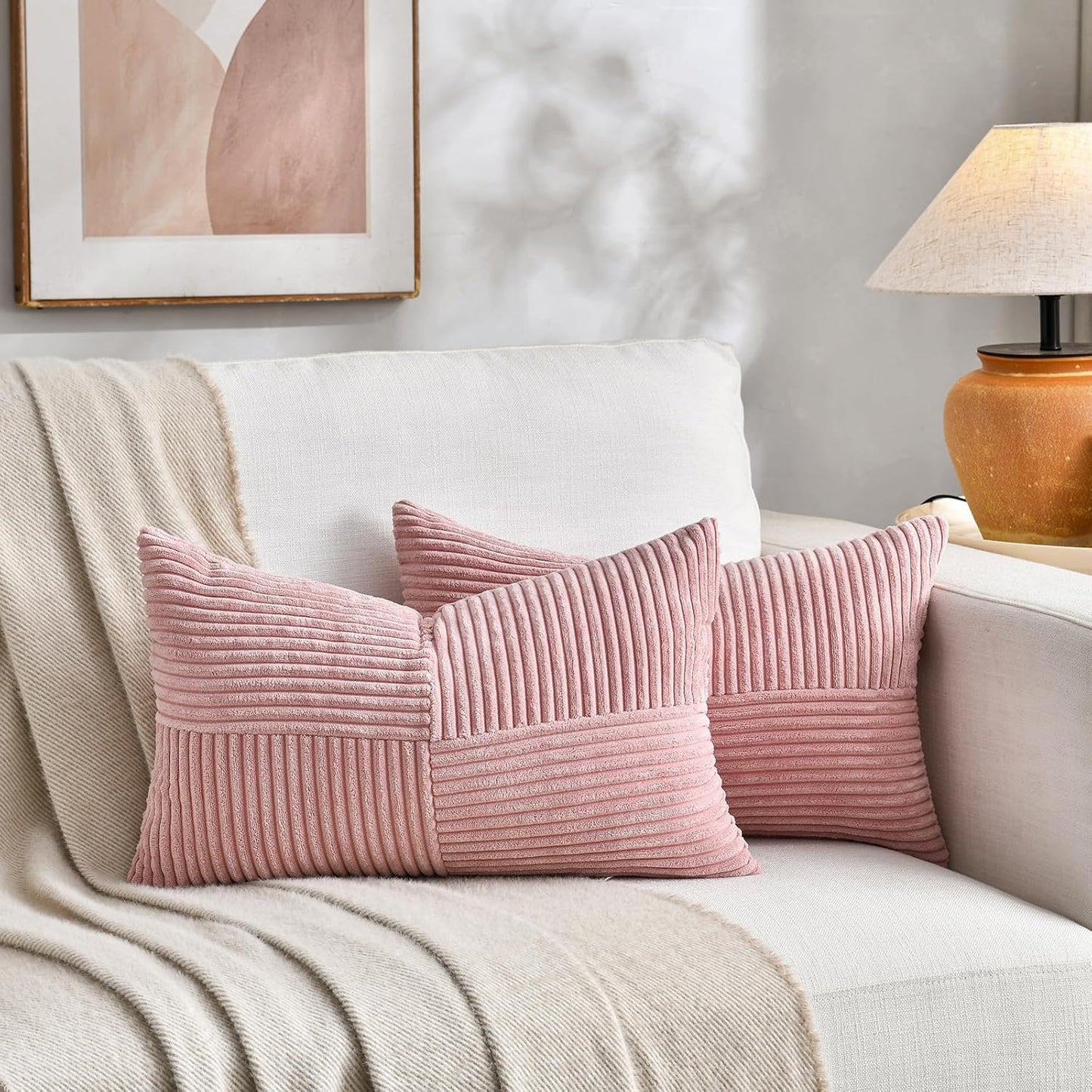 Fancy Homi 2 Packs Blush Pink Lumbar Decorative Throw Pillow Covers 12x20 Inch for Living Room Couch Bed, Rustic Farmhouse Boho Home Decor, Soft Striped Corduroy Rectangle Accent Cushion Case 30x50 cm