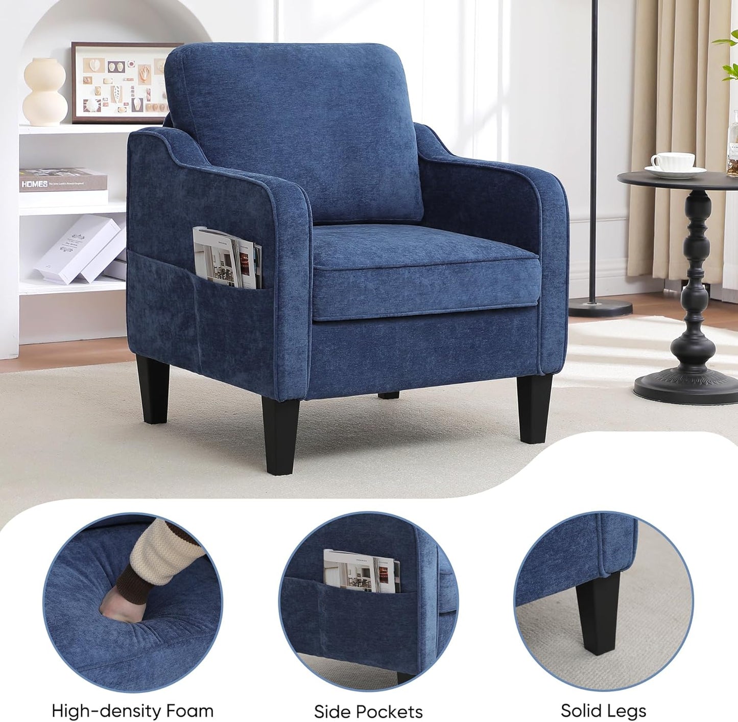 Accent Chairs Set of 2, Upholstered Living Room Chairs with Side Pockets, Mid Century Modern Reading Chair for Bedroom, Comfy Armchair Single Sofa Side Chair for Office, Small Room, Blue