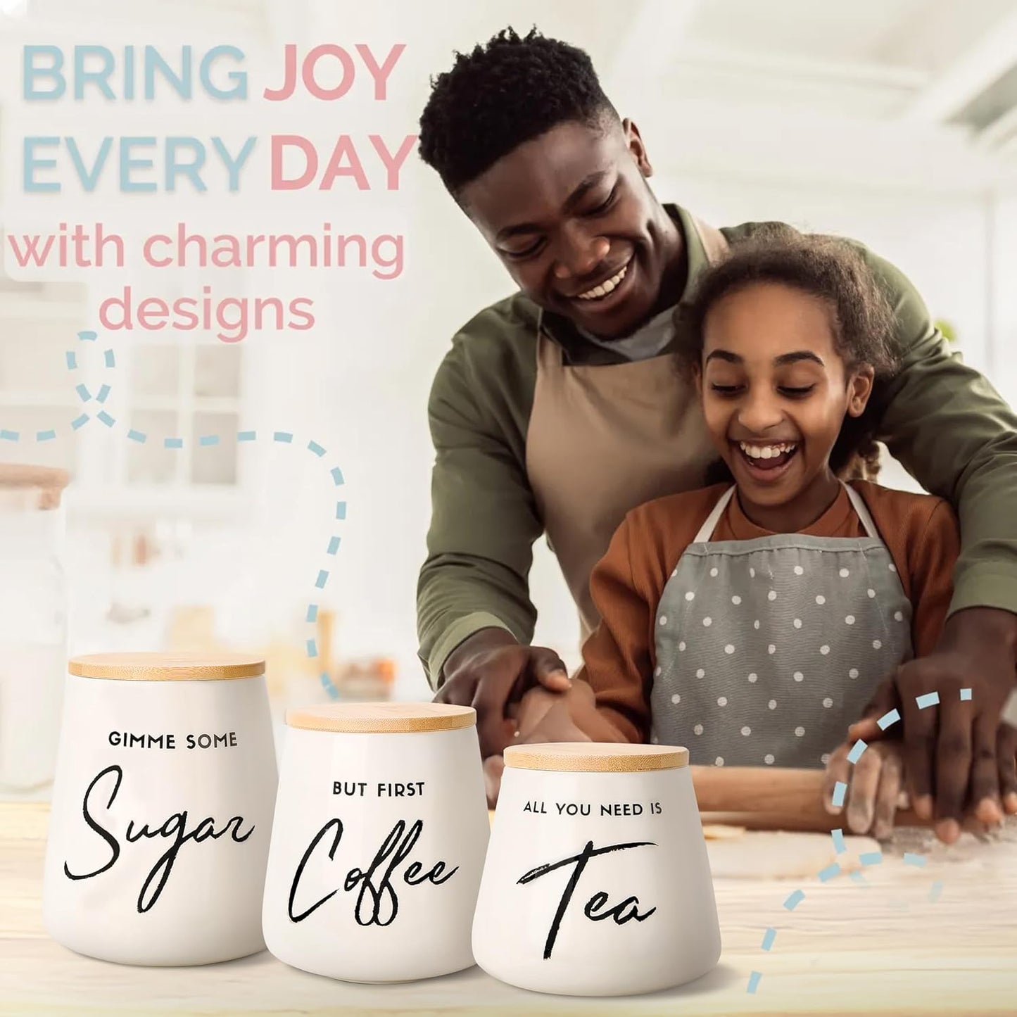 Coffee Tea and Sugar Ceramic Canister Set - 3-Piece Airtight Kitchen Canisters for Countertop - Coffee Bar Container Set