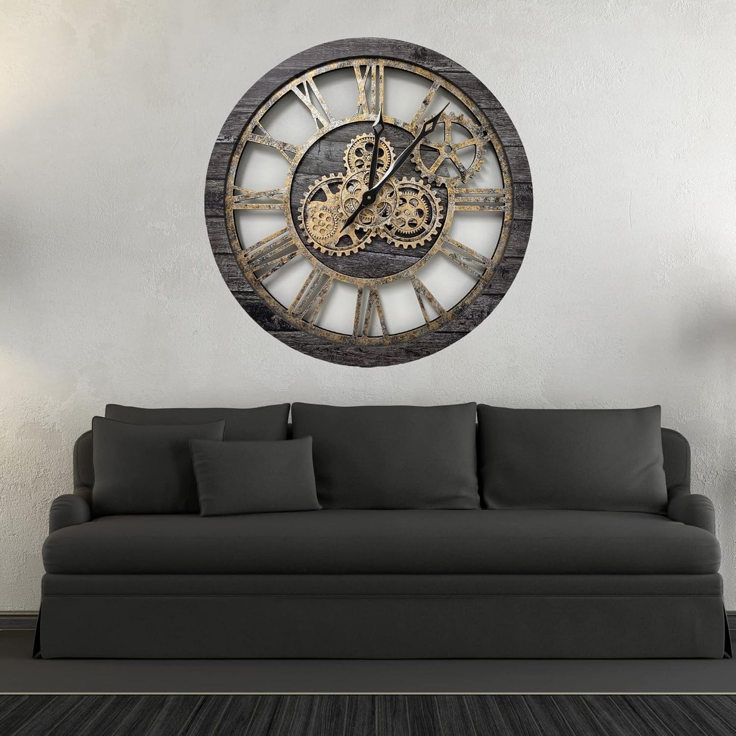 The Gears Clock The Original Real Moving Gear Wall Clock Vintage Industrial Oversized Rustic Farmhouse (24 inch (60cm), Vintage Carbon Grey and Bronze)