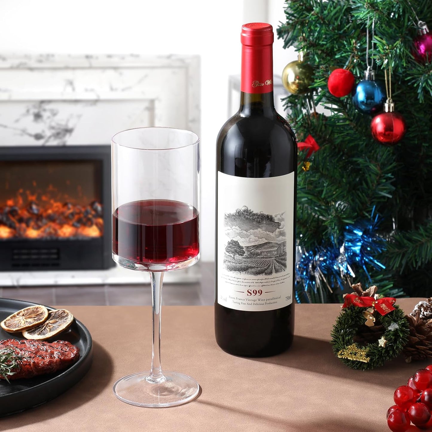 Premium Crystal Wine Glasses - Hand Blown, Thin Rim, Long Stem, Square Unique Design - Set of 4, 15oz - Perfect for Men or Women, Wedding, Anniversary, Christmas, Birthday Gift