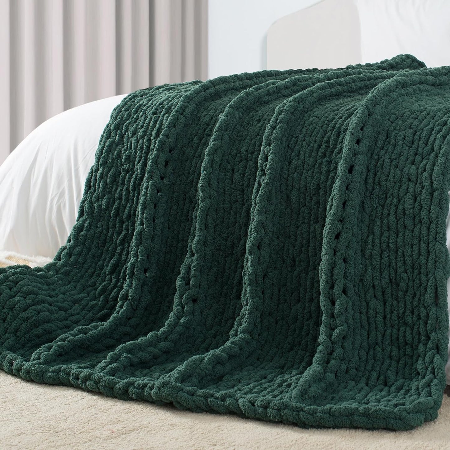 Carriediosa Chunky Knit Throw Blanket 50" X 60", 100% Hand Made Large Chenille Loop Yarn Soft Fluffy Throws for Couch Sofa Bed, Big Crochet Cozy Heavy Thick Cable Woven Blankets, Dark Green