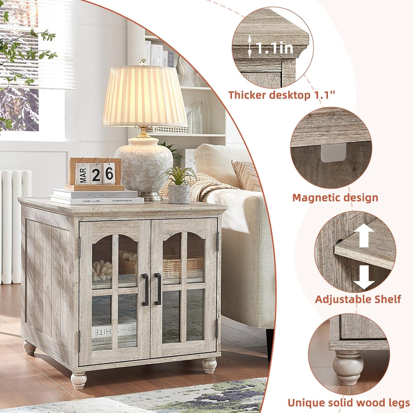 Farmhouse End Table with Charging Station,24" Large Sofa Side Table with Glass Barn Door,Rustic Wood Night Stand with Adjustable Storage Shelf,Square Bedside Table for Living Room,Bedroom Office