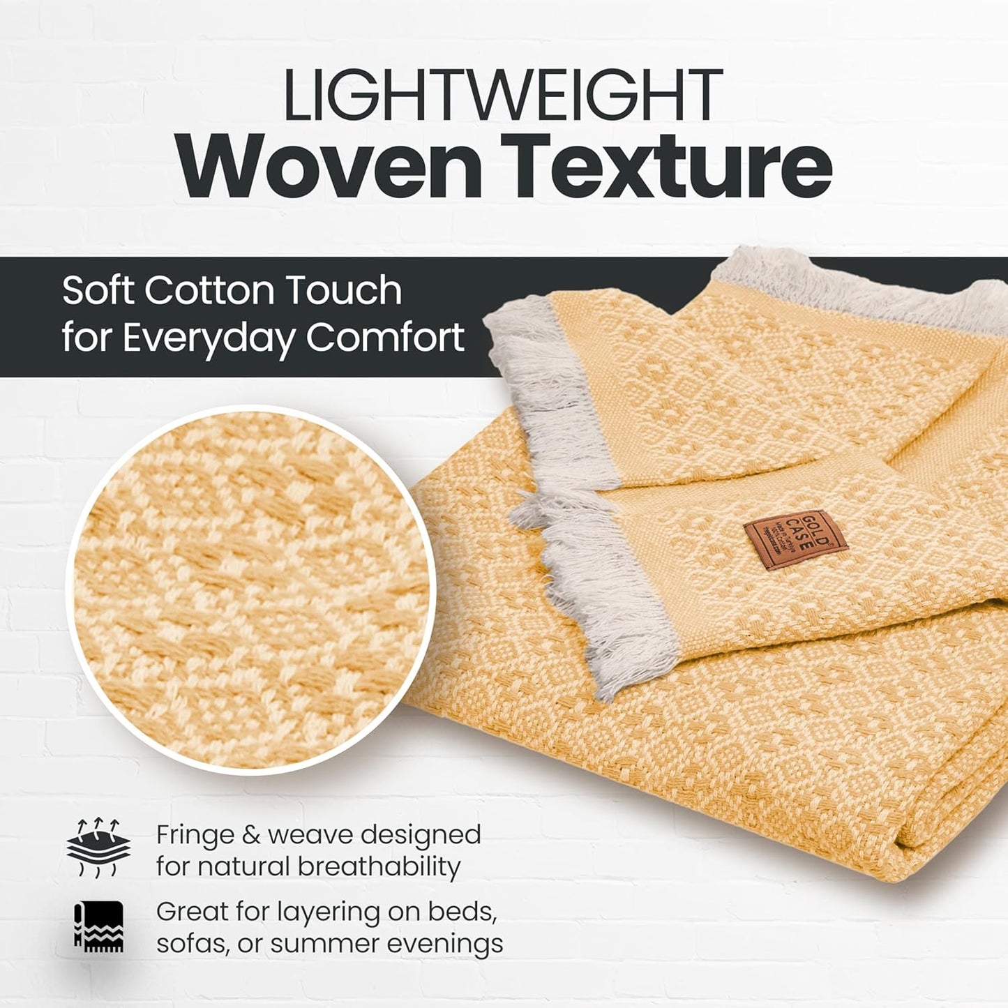 Gold Case Throw Blanket for Couch – 100% Recycled Turkish Cotton Blankets & Throws – Elegant Decorative Throw Blankets for Living Room Sofa – Woven Throws for Couch – Retro Mustard – 50x60