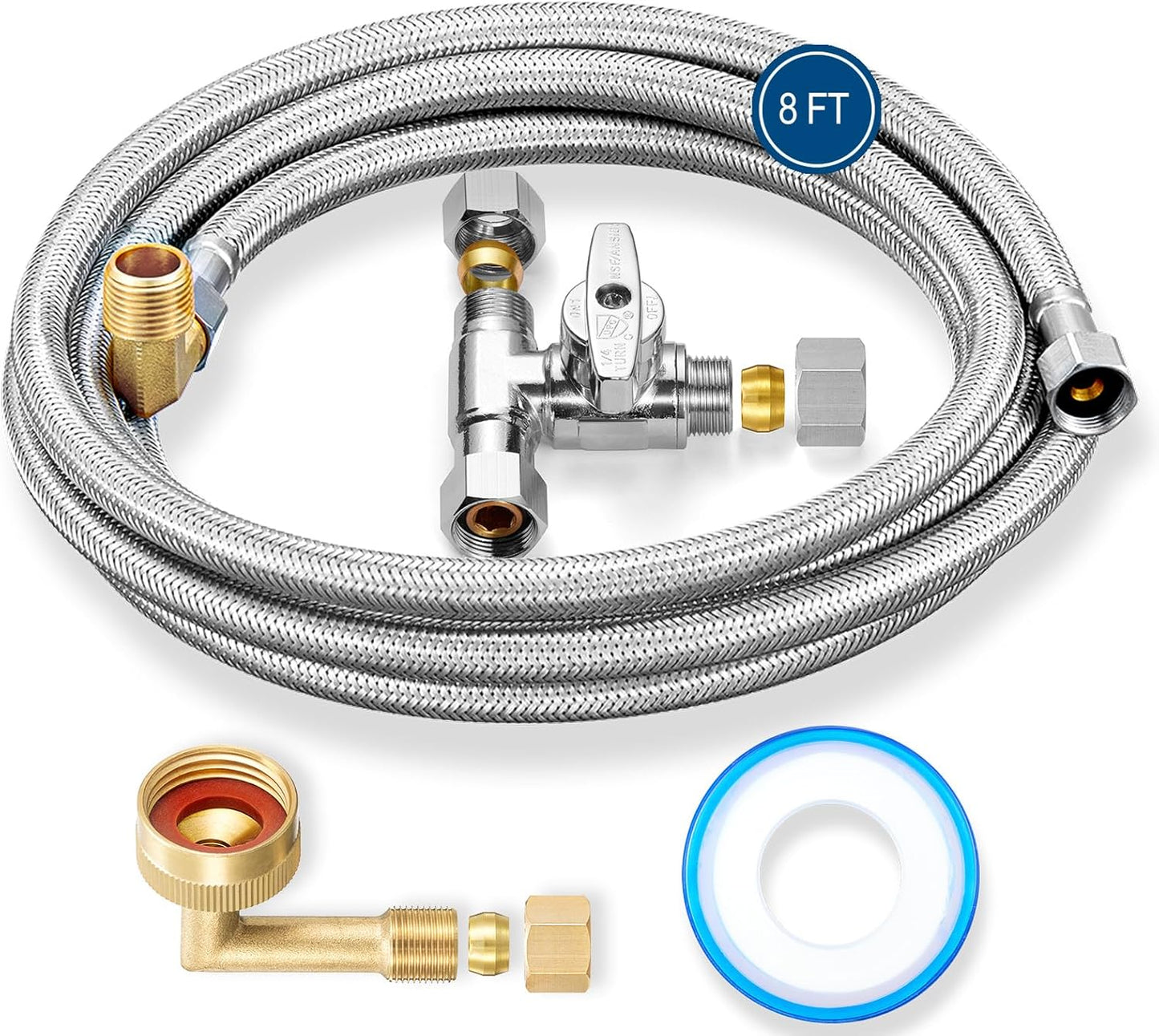 Dishwasher Installation Kit - 8 FT Stainless Steel Braided Dishwasher Hose kit,Food Grade PEX Inner Tube Water Line with 3/8"x 3/8"x 3/8" Tee Stop Valve,3/8"x 3/8"MIP Elbow,3/8"x 3/4"FHT Elbow