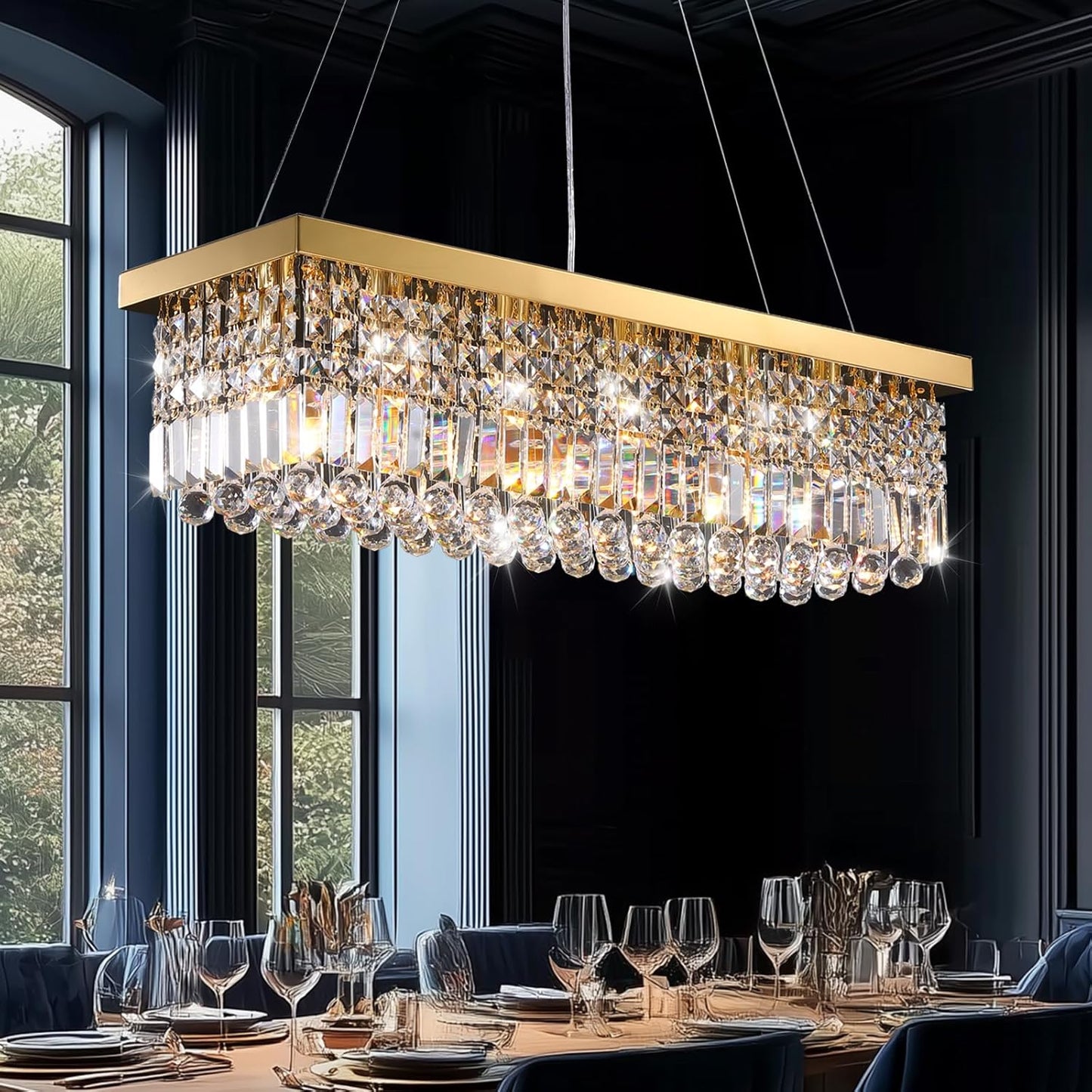 Modern Gold Crystal Chandelier,Rectangular K9 Crystal Raindrop Light Fixture,6 Light Rectangle Chandeliers for Dining Room Living Room Kitchen Island L31.5''xW10''xH10''