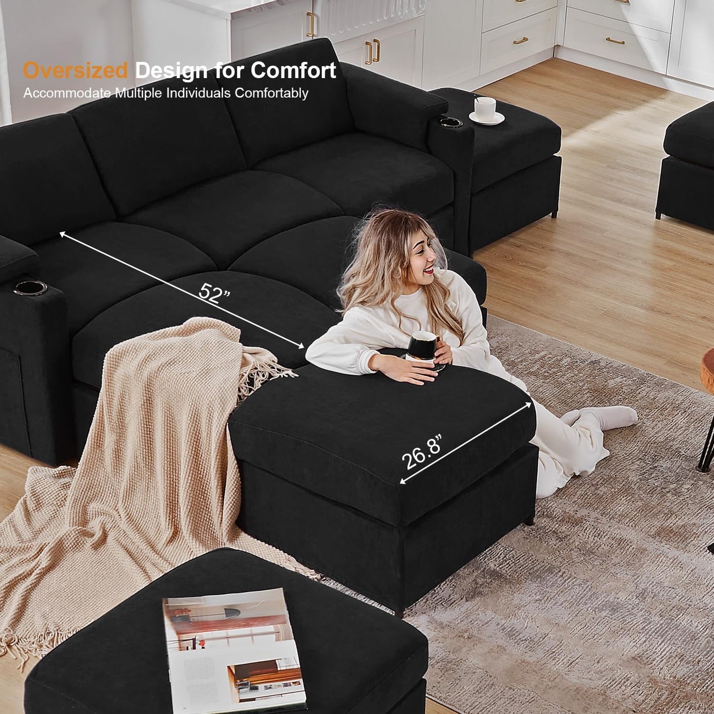 Modular Sectional Sofa Couch for Living Room Velvet Cloud Couches Oversized U Shaped Sectional Couch Convertible Sleeper Sofa Chaise Padded Armrests Cup Holder (Black, 8 Seats)
