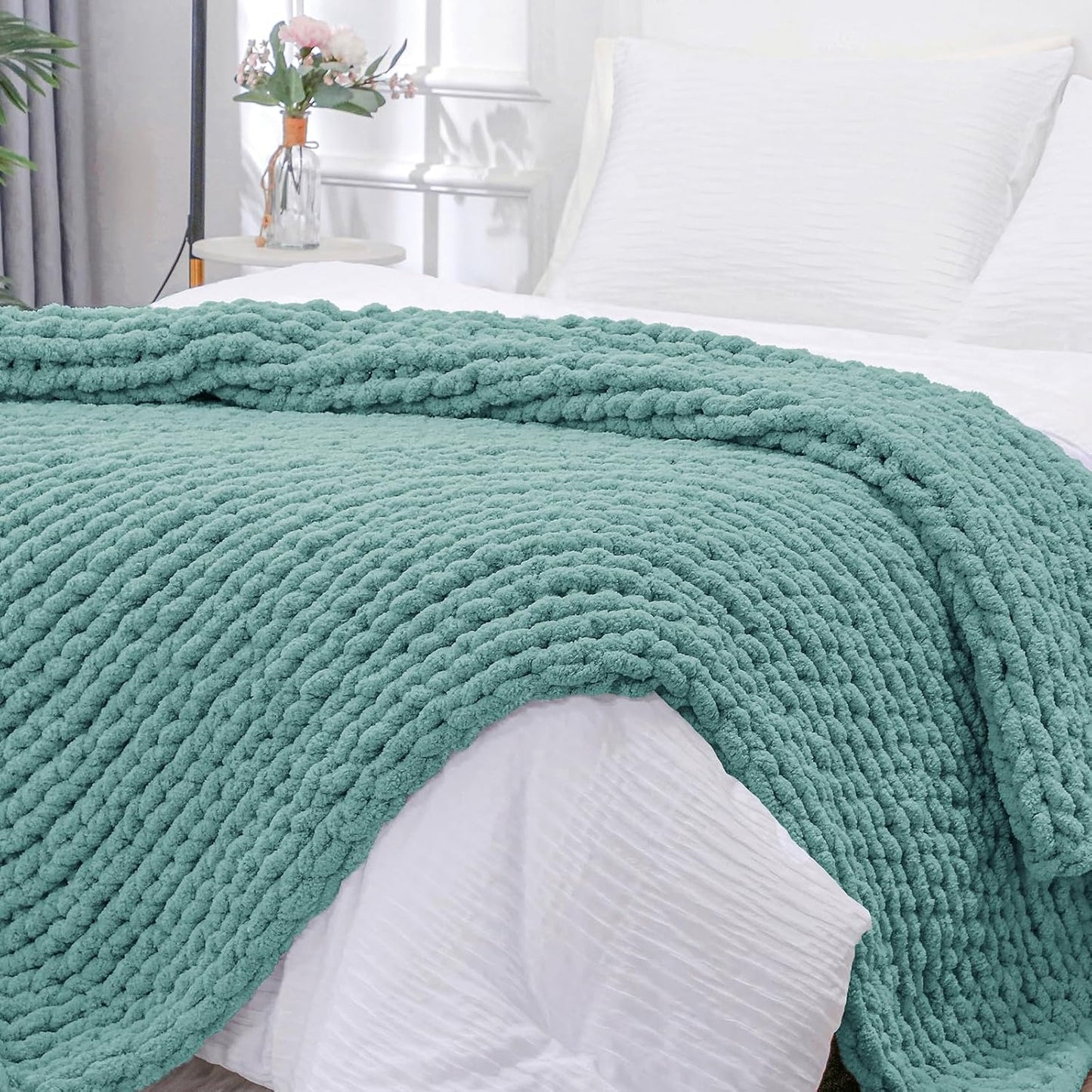 Bigacogo Chunky Knit Throw Blanket for Couch, 40x80 inches, 100% Hand Knitted with Thick Jumbo Chenille Yarn, Cozy Soft Large Rope Knot Cable Crochet Blankets for Sofa Bed Living Room, Light Teal