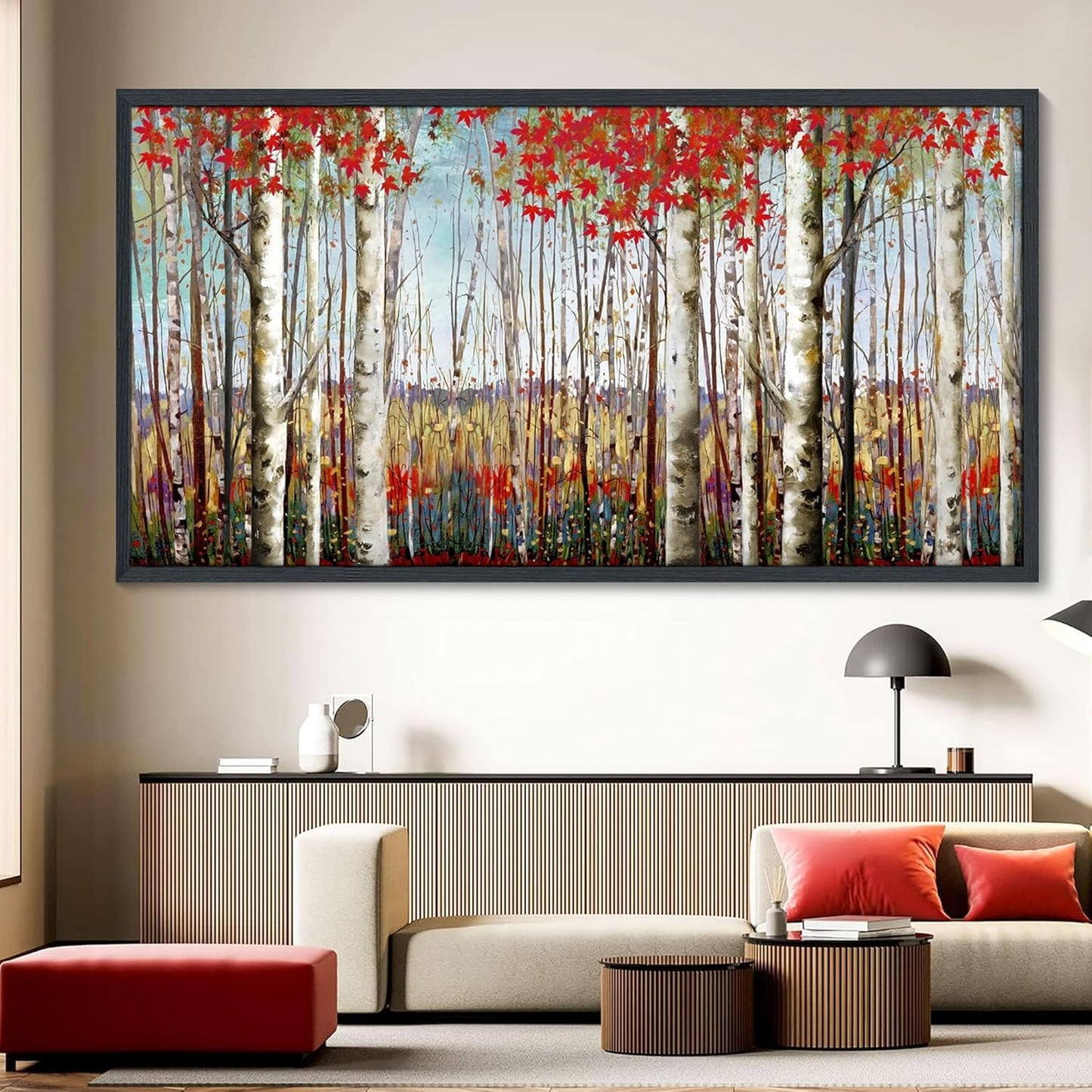 Large Framed Wall Art for Living Room Bedroom Modern Wall Decor of Red Leaves White Birch Tree Forest Giclee Painting Artwork Wall Decoration 29x58 Large Size Black Framed
