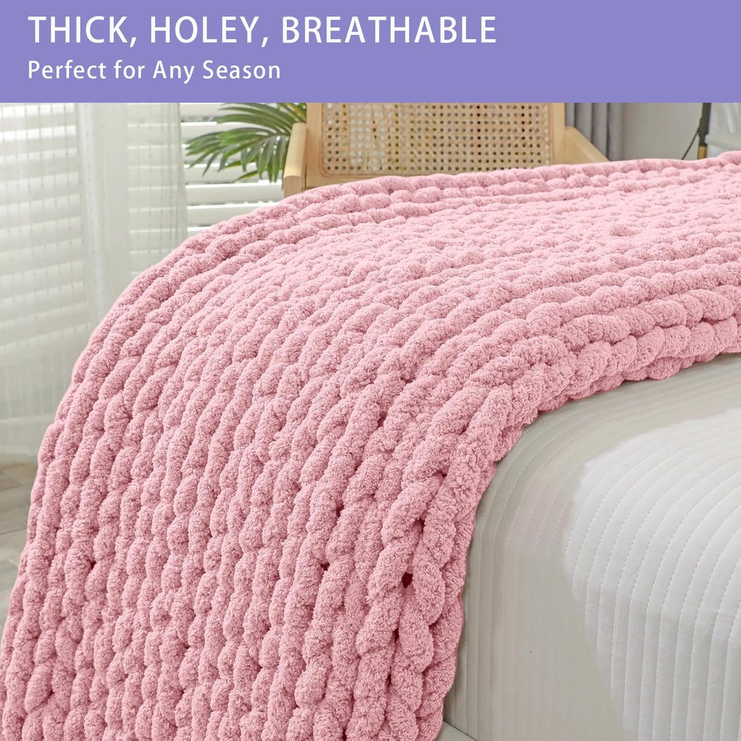 Bigacogo Chunky Knit Throw Blanket for Couch, 51x63 inches, 100% Hand Knitted with Thick Jumbo Chenille Yarn, Cozy Soft Large Rope Knot Cable Crochet Blankets for Sofa Bed Living Room, Blush Pink