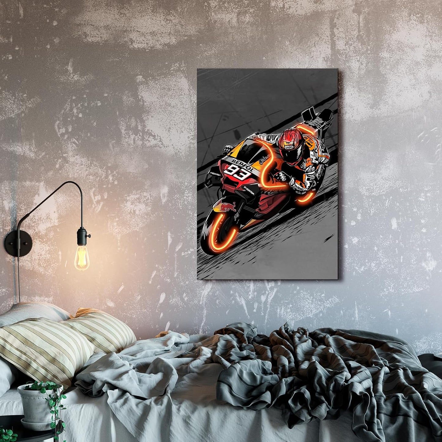Sorventina Painted Neon Style Orange #93 RC213V Racing Bikes Wall Art - 16x24 Wrapped Canvas, Non-LED, Ideal Decor for Bedroom, Living Room, Office, Game Room, Garage, or Man Cave