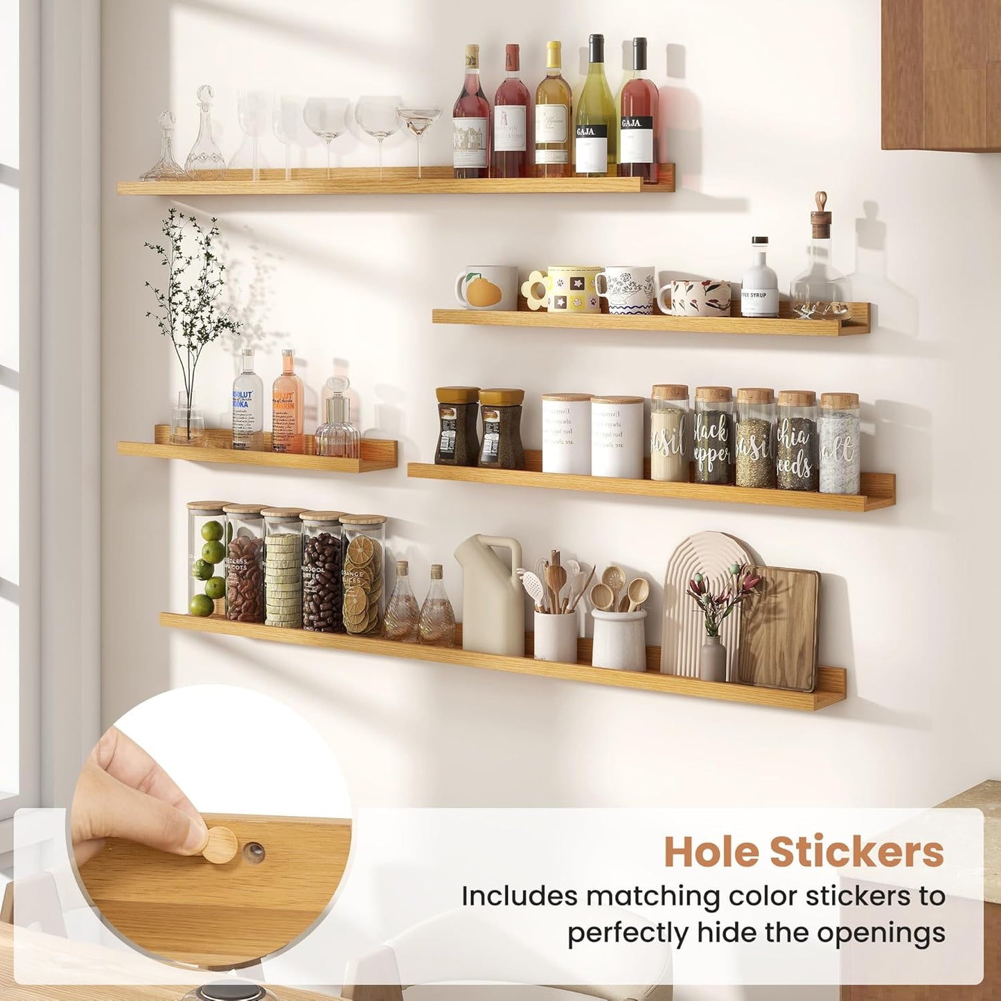 Fun Memories Picture Ledge Shelves Set of 2, 36 Inch Rustic Wall Mounted Floating Shelves with Lip for Home Storage and Décor in Bathroom, Kitchen, Nursery, Bedroom, Living Room, Oak