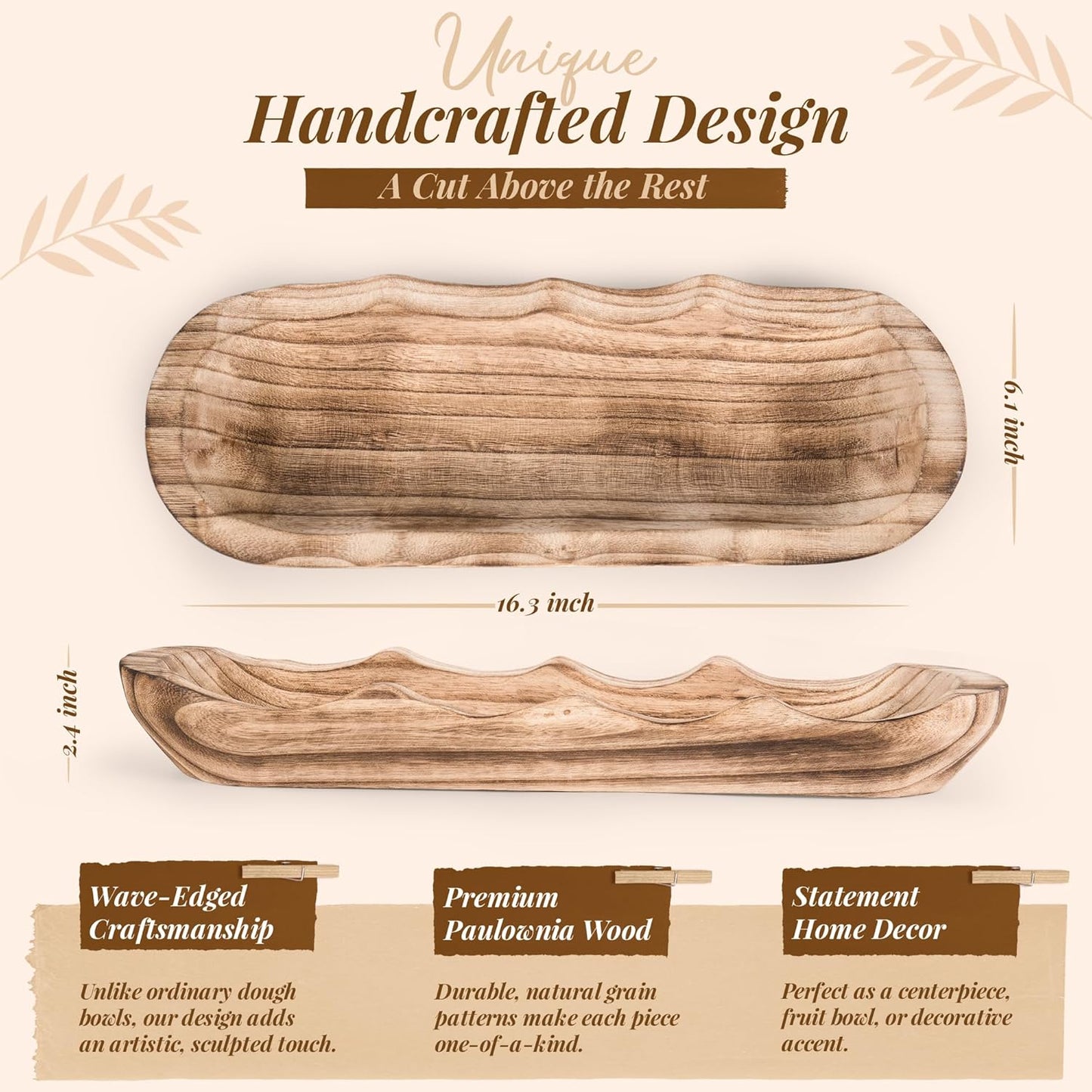 Wavy Edge Wooden Dough Bowl for Decor 16"L Lightweight Paulownia Wood Hand Carved Decorative Wooden Farmhouse Fruit Bowl Handmade, Home Decoration Centerpiece, Table Display Bowl