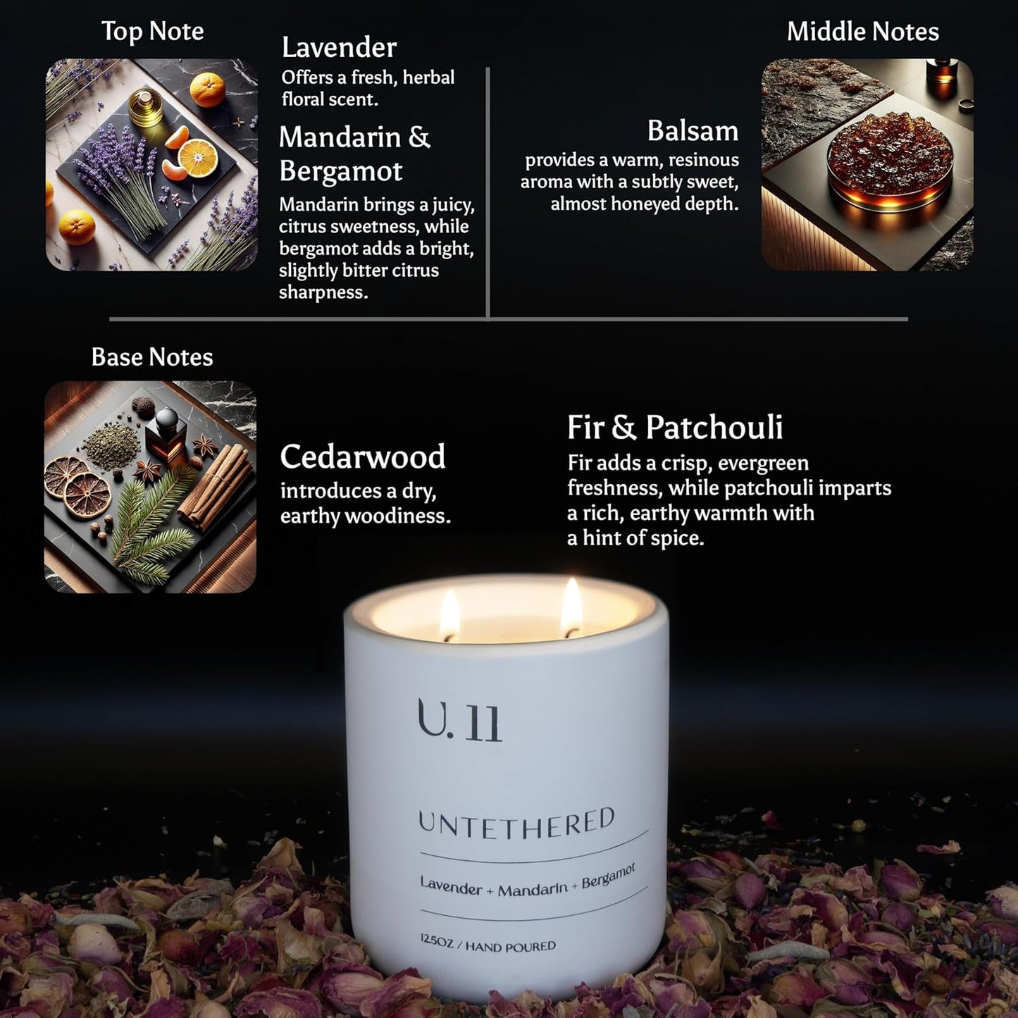 U.11 Luxury Scented Candle – Lavender, Mandarin & Cedarwood | Hand-Poured in USA w/ 100% Natural Coconut & Apricot Wax | Double Wick, Long-Lasting Aromatherapy Candle for Home, Gift & Rest (12.5 oz)