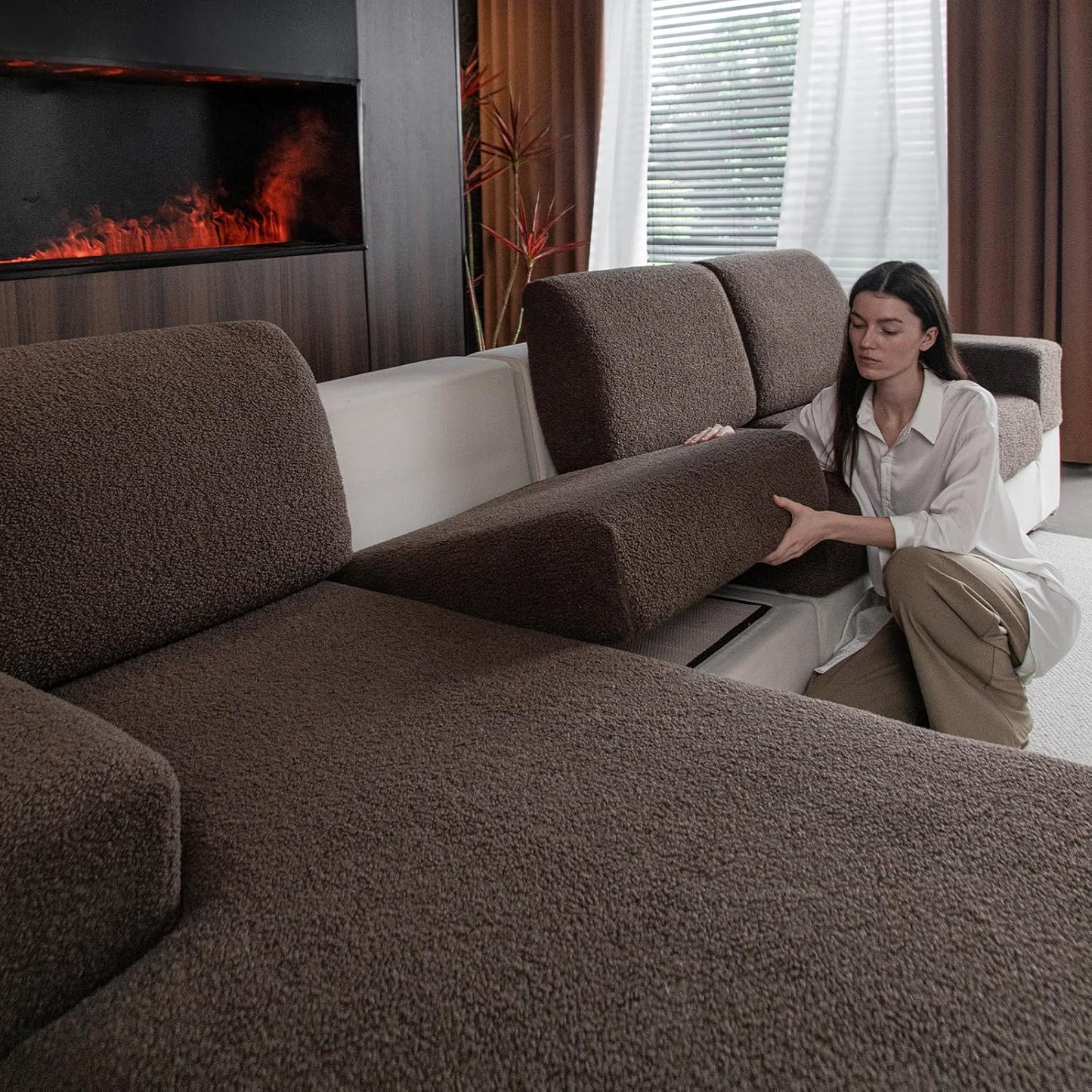 Couch Cushion Covers for Sectional Sofa, Stretch Soft Sofa Slipcovers Washable Wear-Resistant Universal Furniture Protector for Living Room(3 Seaters Covers, Brown)