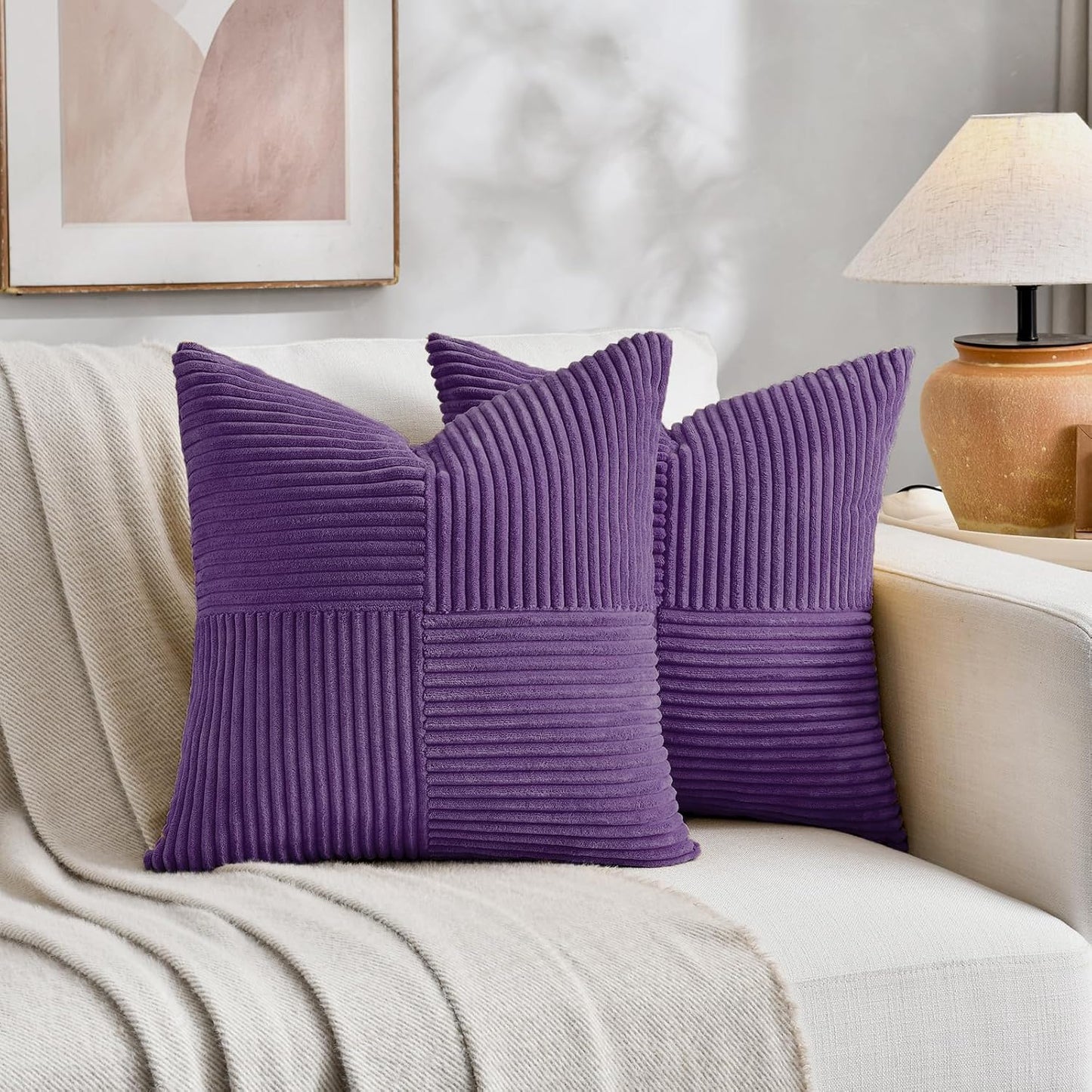 Fancy Homi 2 Packs Purple Euro Decorative Throw Pillow Covers 26x26 Inch for Living Room Couch Bed, Farmhouse Boho Home Decor, Soft Corss Corduroy Patchwork Textured Square Cushion Case 66x66 cm