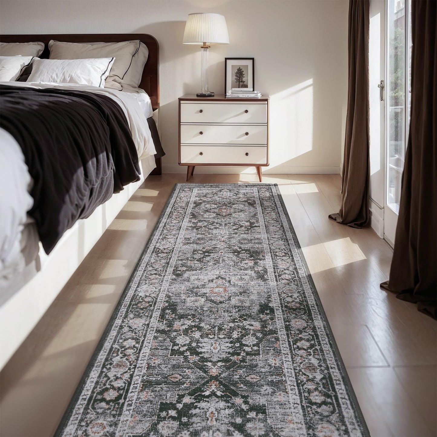 AMOAMI-2X6 Runner Rug-Washable Runners for Hallways-Soft Non Slip Bedside Rugs for Bedroom-Vintage Long Rug for Hallways Entryway Laundry Room Stair Kitchen Bathroom Dark Grey & Black