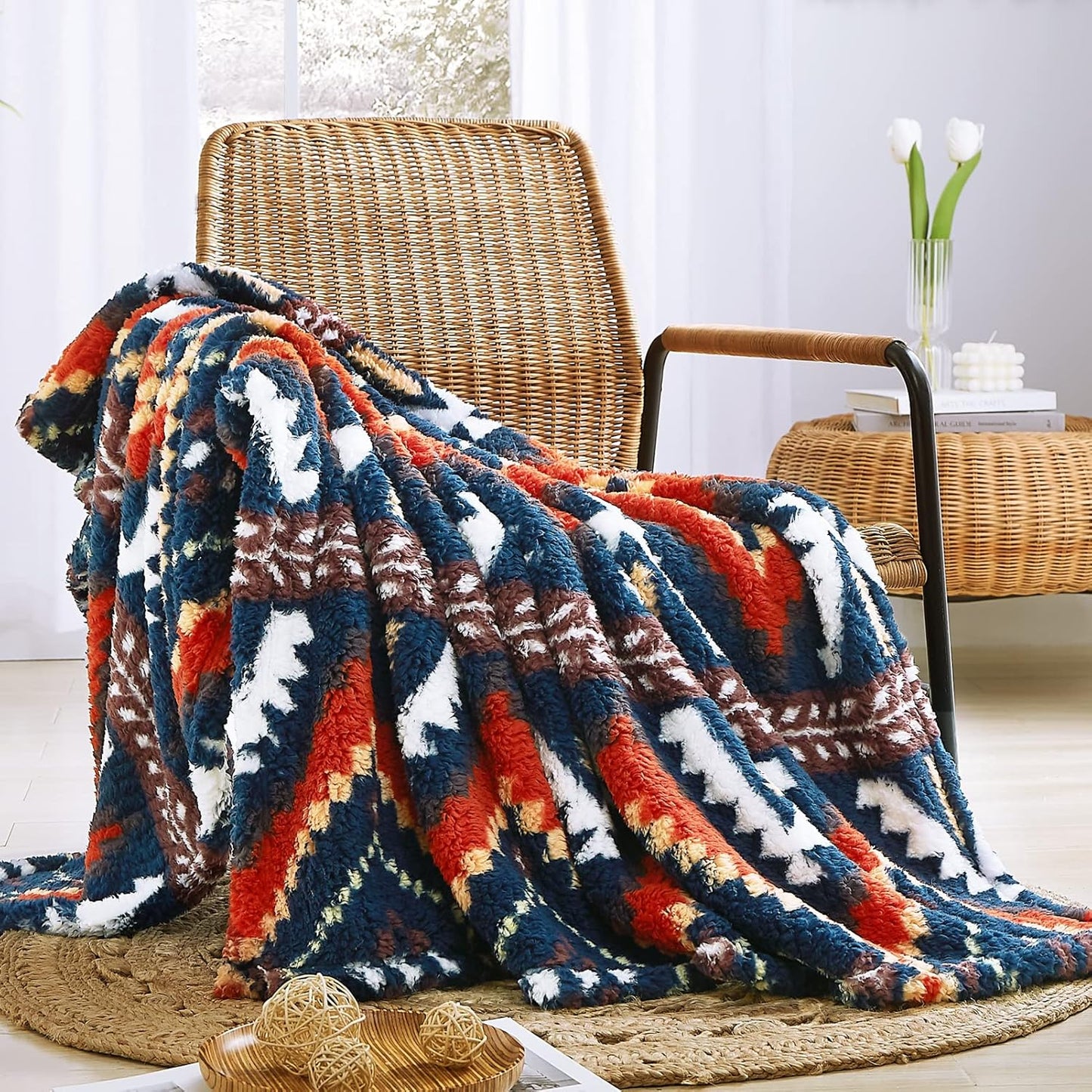 CASAAGUSTO Boho Sherpa Throw Blanket, Aztec King Size Blanket, Ultra Soft, Warm, Cozy, Plush, Thick Fleece Bohemian Throw Blanket for Couch, Bed, Sofa (Navy 108 * 90 Inch)