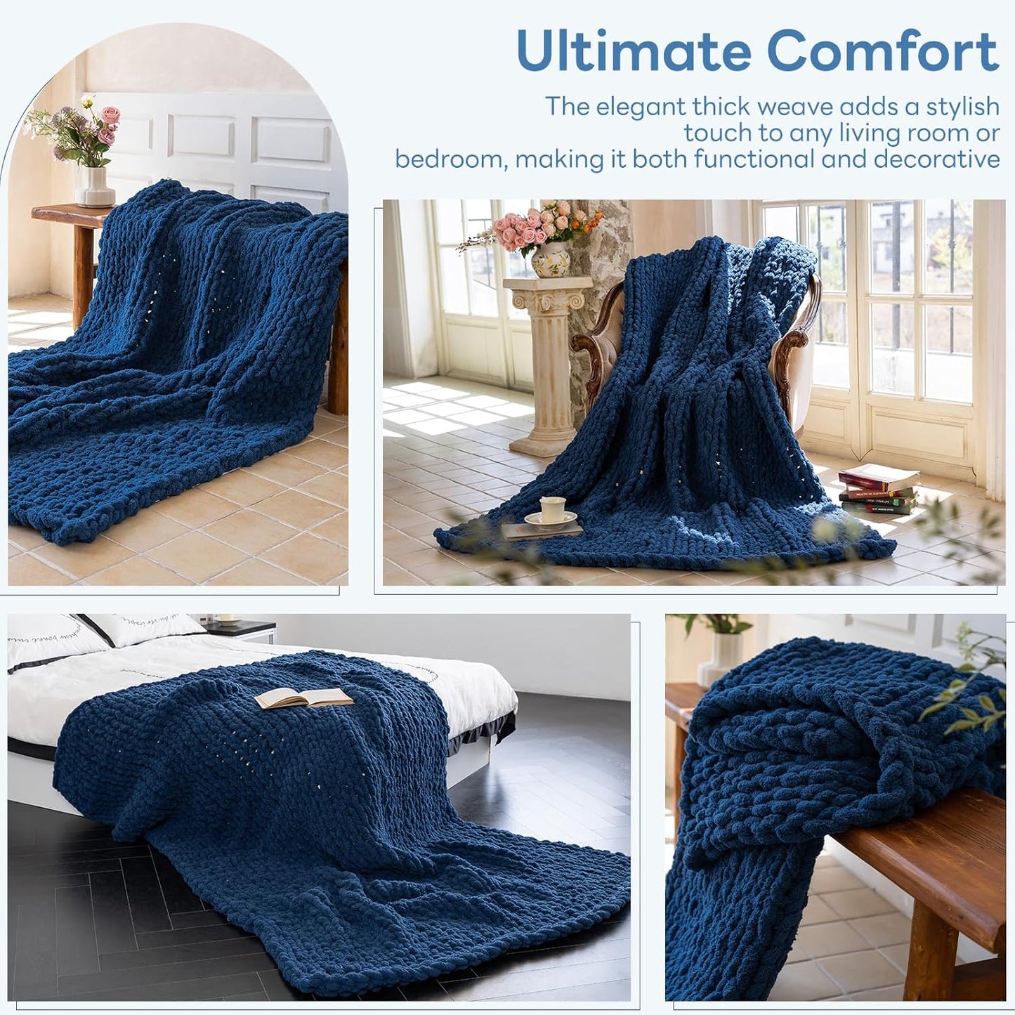Chunky Knit Blanket - Luxury Soft Cozy 40 * 50 Throw Blanket,100% Woven Blanket Rope Knot Throw Blanket for Couch, Sofa, Home Decor, Gift - Machine Washable（Deep Blue）