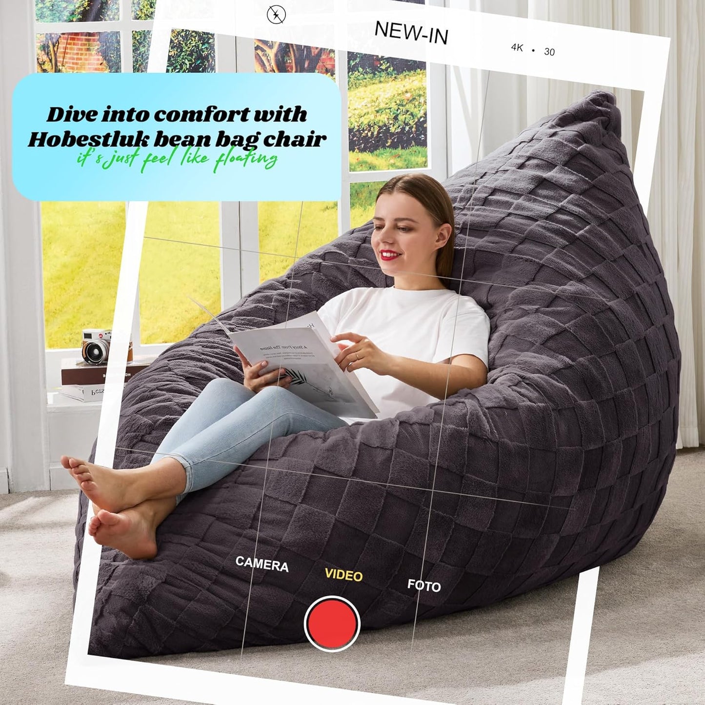 Hobestluk 3 in 1 Bean Bag Chair Giant Bean Bag Chairs for Adults with Plaid Cover Convertible Bean Bag Floor Cushion with Machine Washable Cover for Living Room (Plaid Dark Grey)