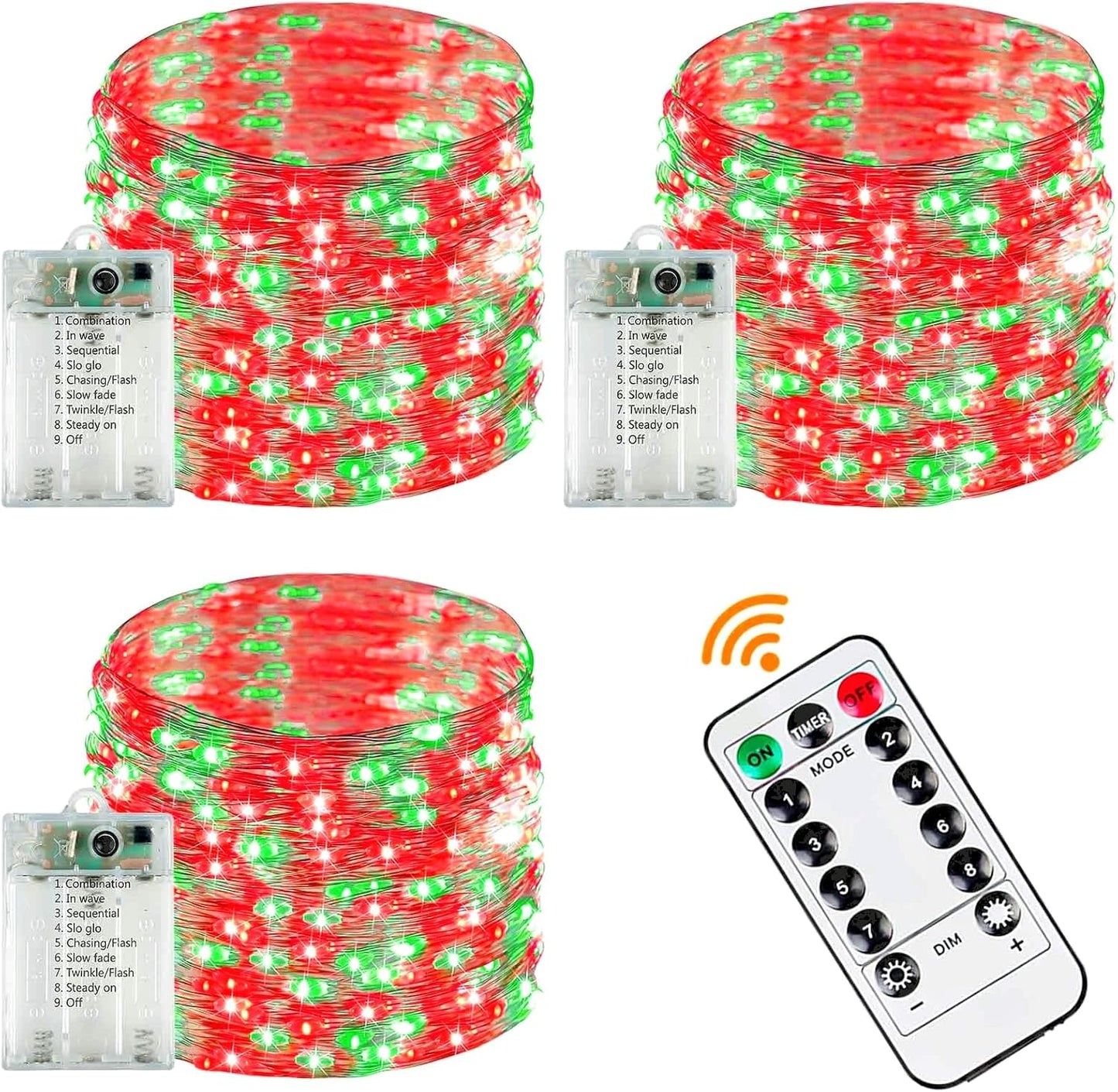 3 Pack Fairy Lights Battery Operated with Remote Control Timer, 26 FT 80 LED String Lights Outdoor Indoor, 8 Mode Twinkle Lights for Christmas Party Wedding Birthday Bedroom Décor (Red and Green)