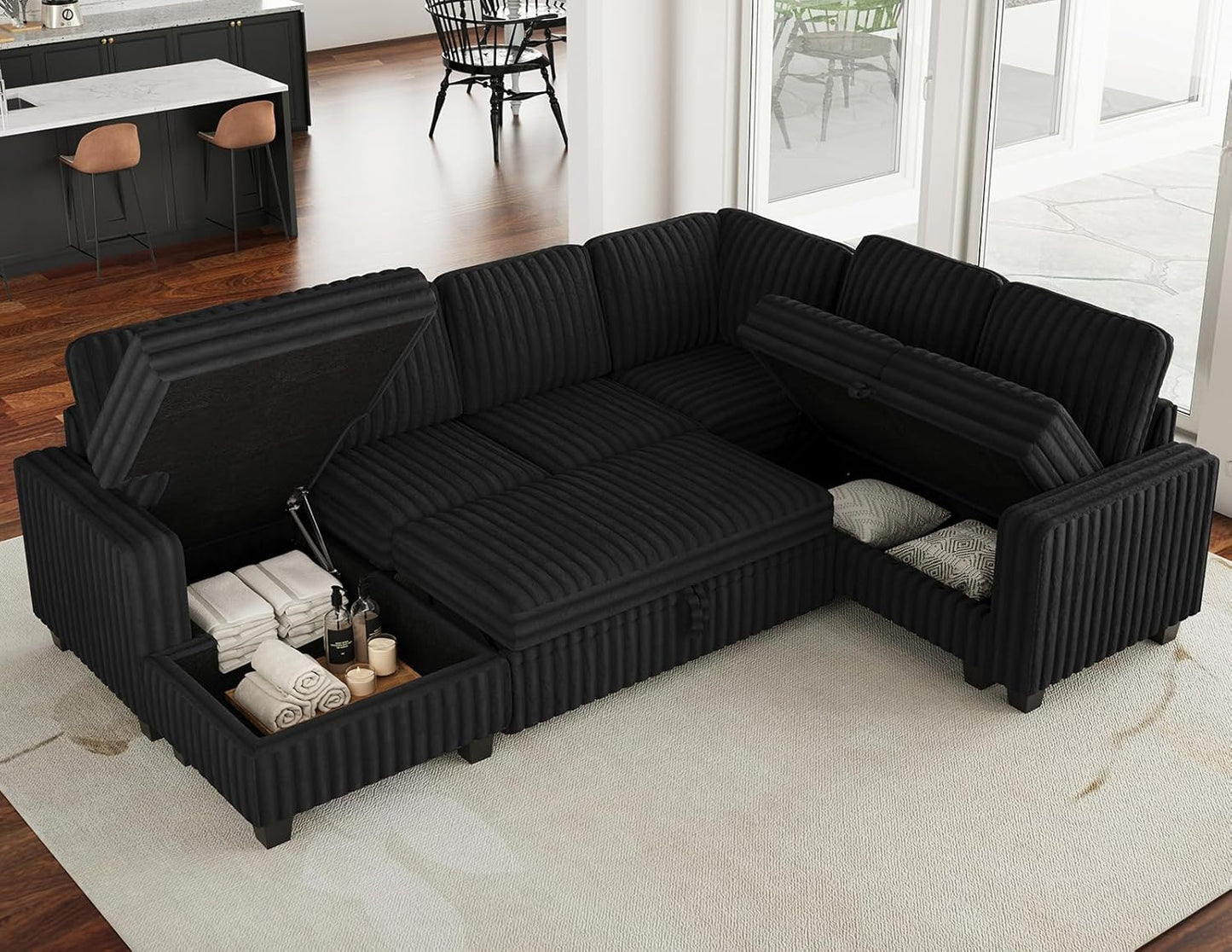 Belffin Corduroy Sleeper Sofa Bed with Storage Chaise Modular Sectional Sofa Couch with Pull Out Bed L Shaped Sectional Couches for Living Room Black Couch