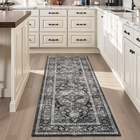 AMOAMI-2X6 Runner Rug-Washable Runners for Hallways-Soft Non Slip Bedside Rugs for Bedroom-Vintage Long Rug for Hallways Entryway Laundry Room Stair Kitchen Bathroom Dark Grey & Black