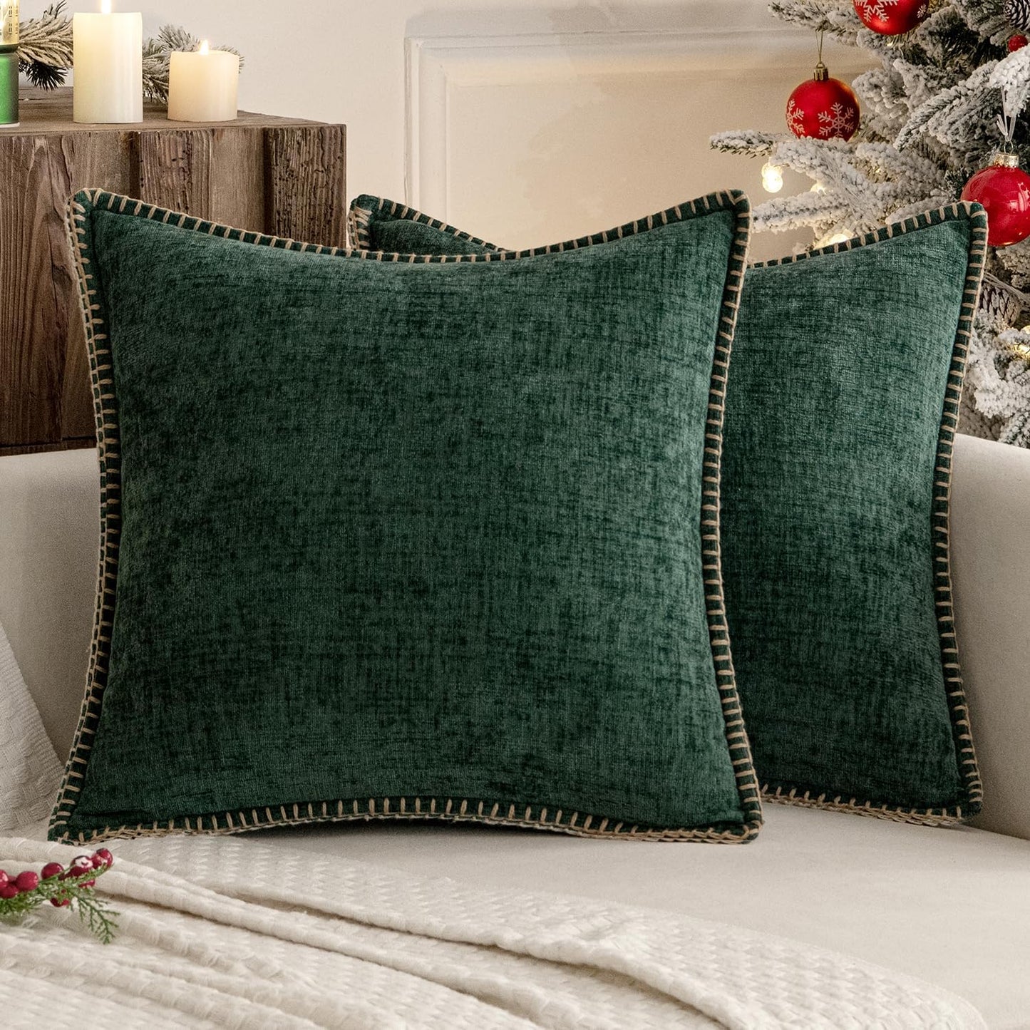 MIULEE Pack of 2 Christmas Pillow Covers 24x24 Inch Dark Green Farmhouse Decorative Throw Pillow Covers with Stitched Edge Soft Chenille Solid Dyed Couch Pillow Covers for Sofa Bed Living Room