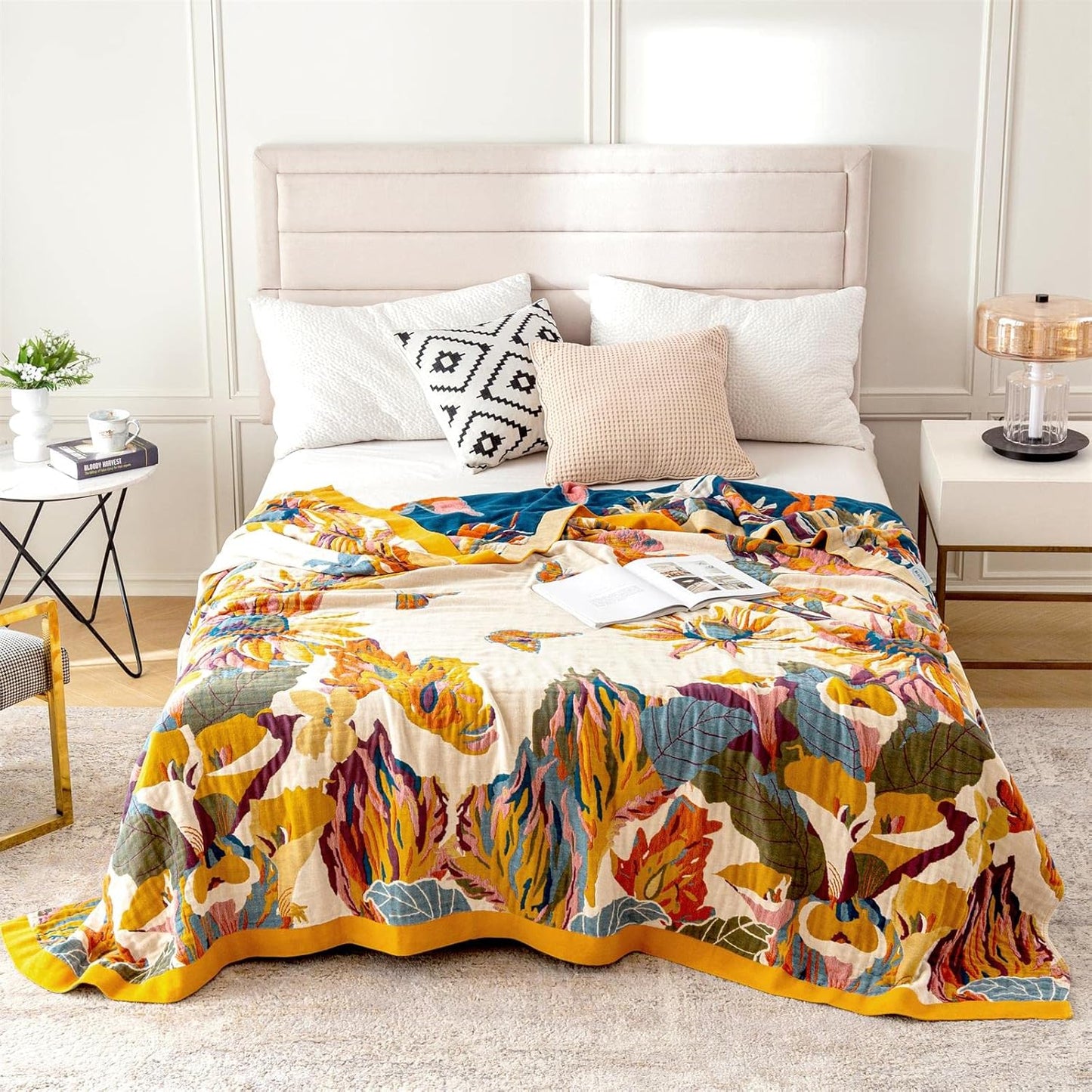 MSGKV Boho Throw Blanket 60''x80'',100% Cotton Blankets for Couch Bed,Cotton Quilt Travel Muslin Blankets Farmhouse Home Decor Soft Lightweight Picnic Blanket