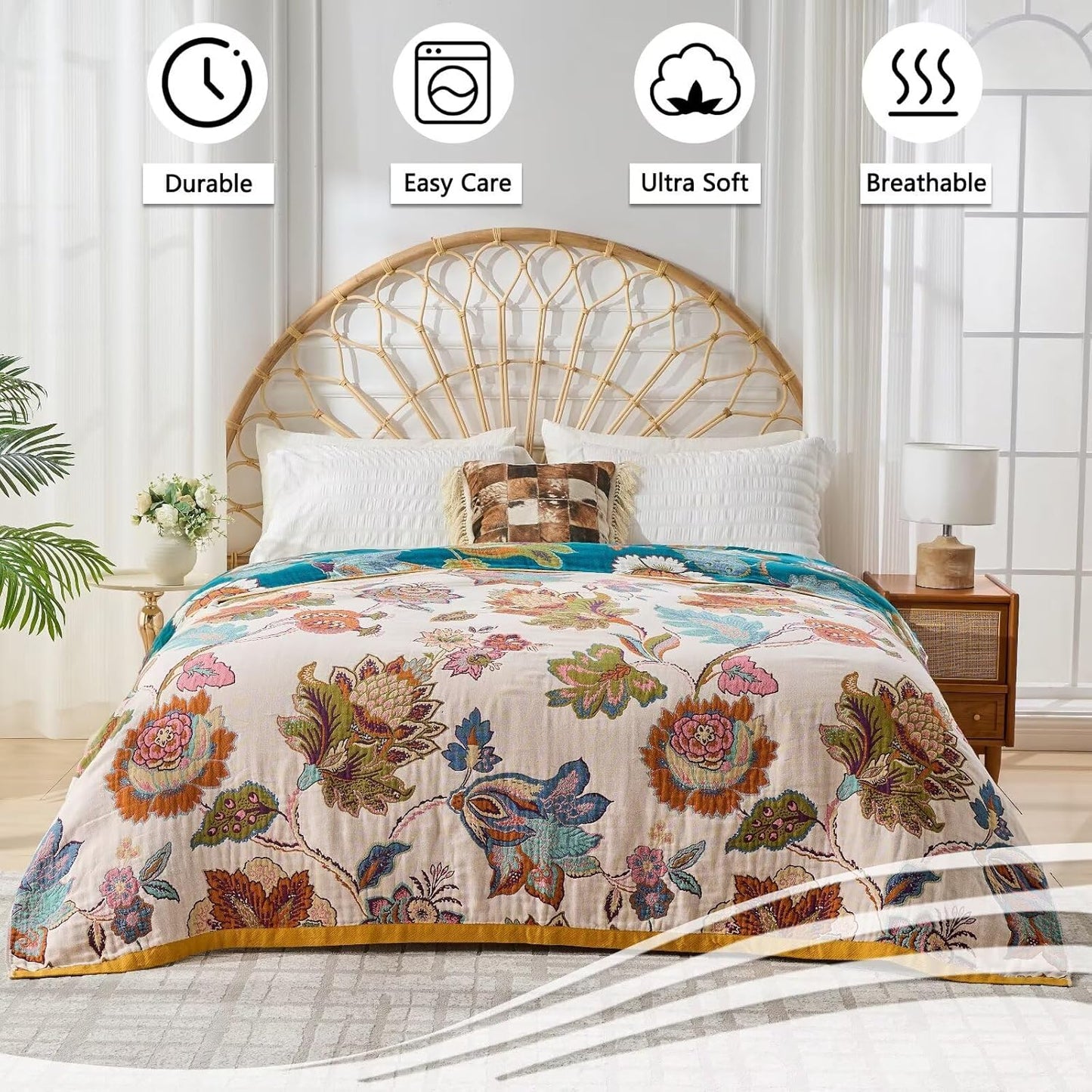 Fall Boho Throw Blanket for Bed, Muslin Reversible Blanket Washable Breathable,100% Cotton Lightweight 4-Layer King Size Throw Blanket for Bed,90"x98"