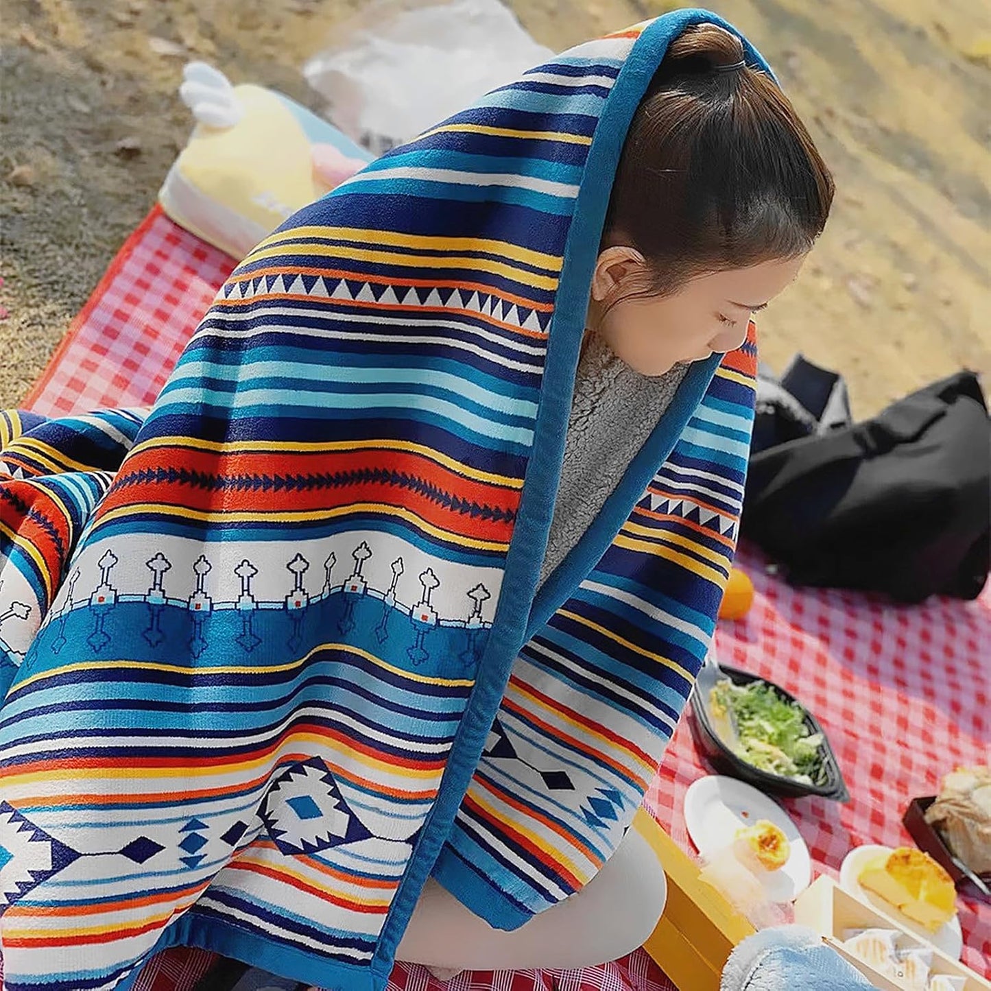 UKELER Boho Sherpa Throw 60'' x 50''- Bohemian Soft Plush Flannel Throw Blankets for Bed/Couch/Sofa/Office/Camping