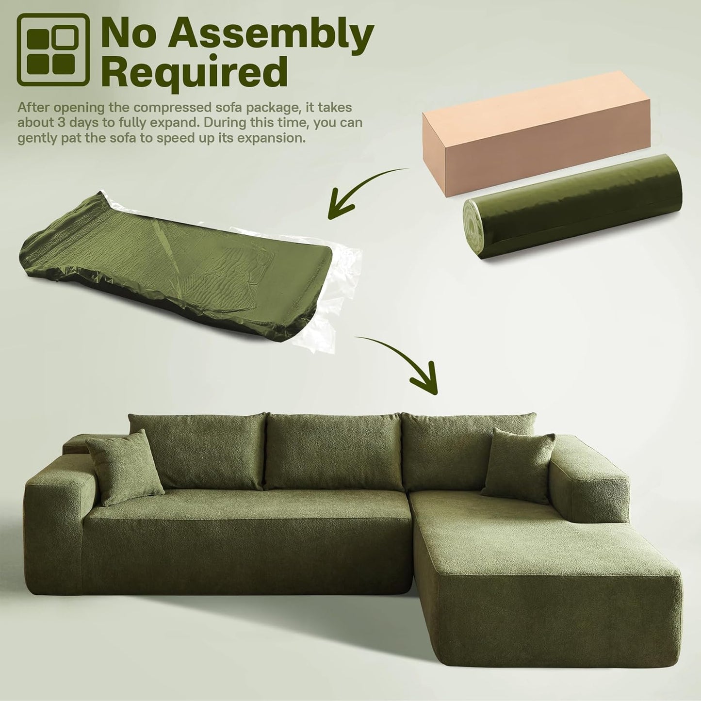 104" Cloud Sectional Couches for Living Room,L Shaped Boneless Couch in A Box,Sleeper Sofa with Comfy Chaise No Assembly Required,Green