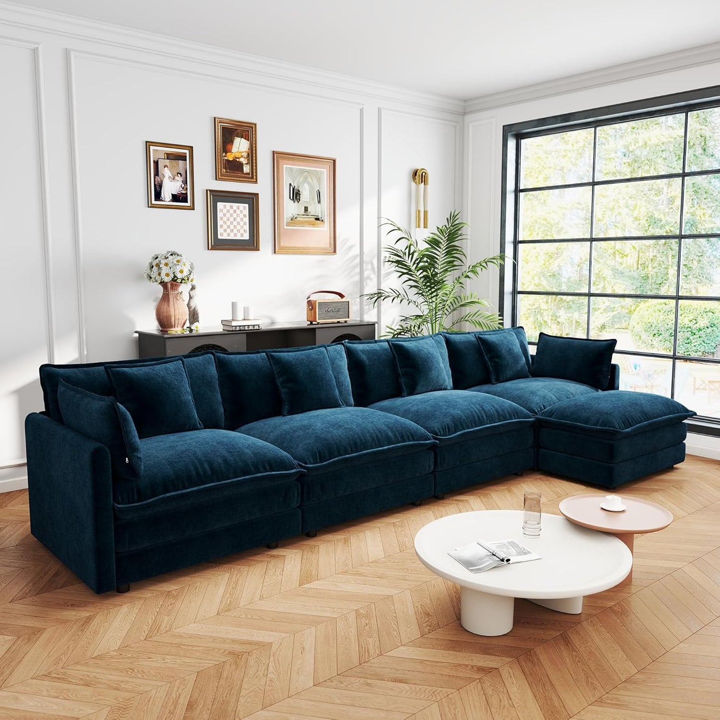 Sectional Sofa 4 Seater with Movable 1 Ottoman,Oversized Modular Couch Deep Seat (Blue, 146.5 inch-L)