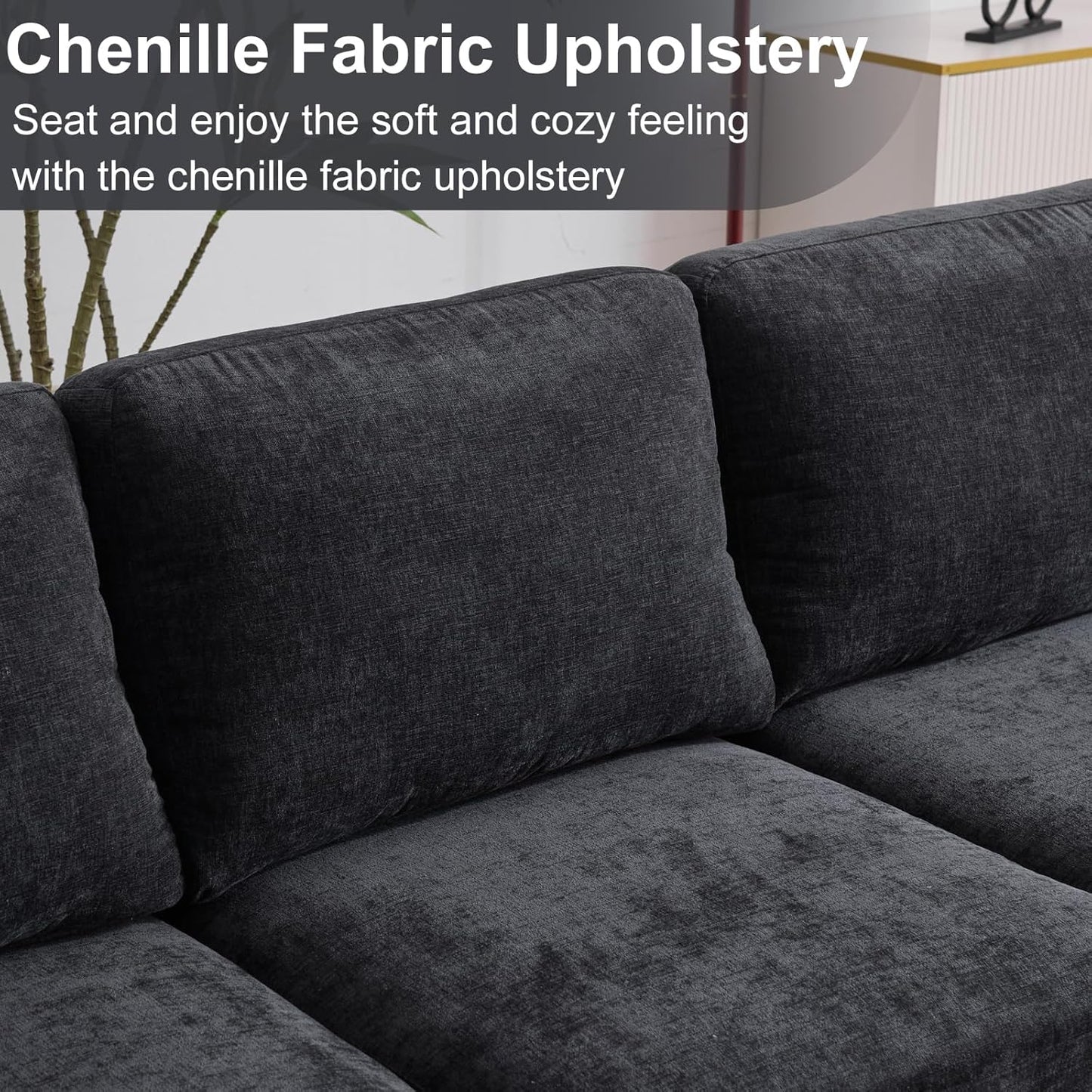 Karl home U-Shape Sectional Sofa Couch 111" Modern 4-Seat Sofa with Chaises Chenille Fabric Upholstered Covertible Couch with Wood Grain Legs for Living Room, Reception Room, Apartment, Black