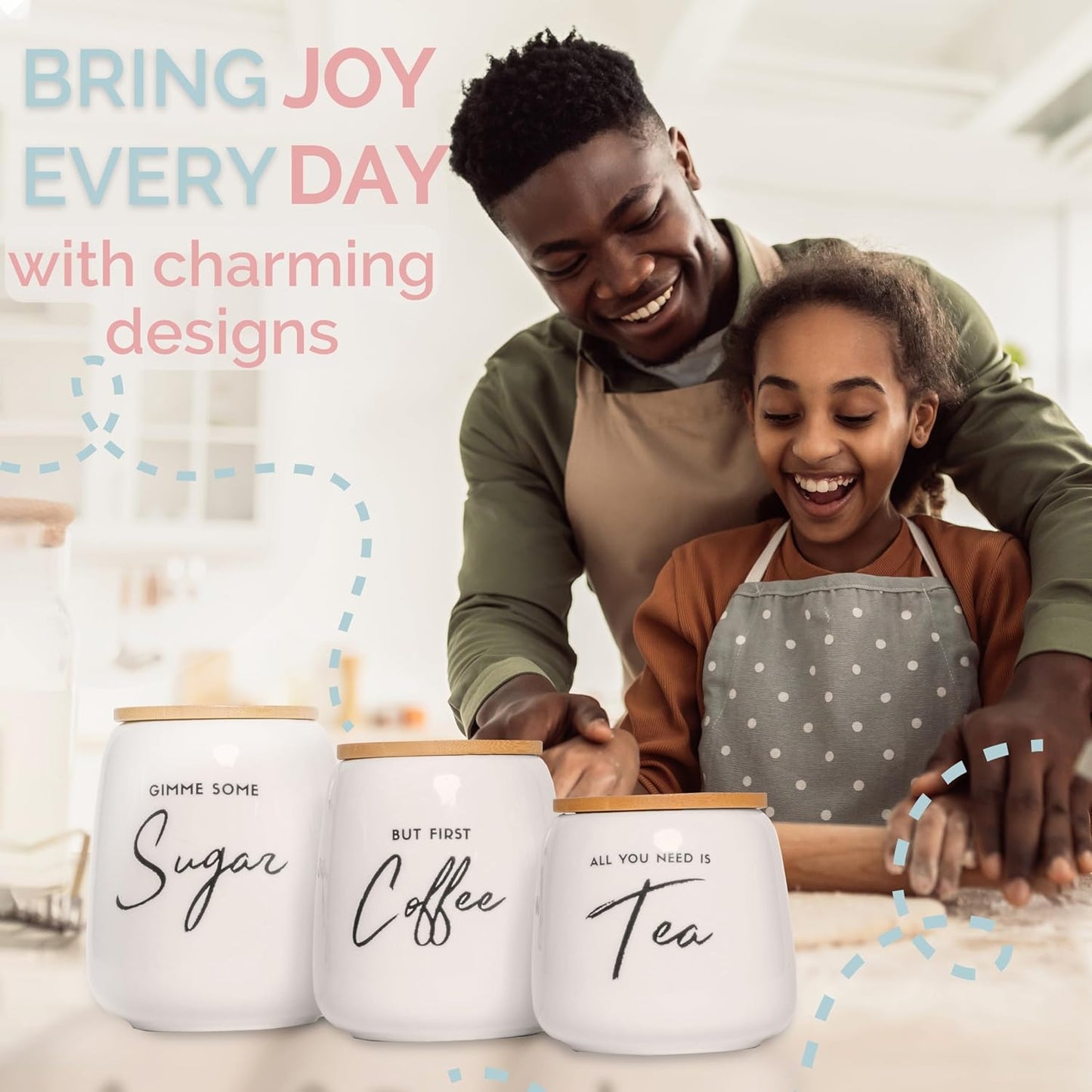 Coffee Tea and Sugar Ceramic Canister Set - 3-Piece Airtight Kitchen Canisters for Countertop - Coffee Bar Container Set