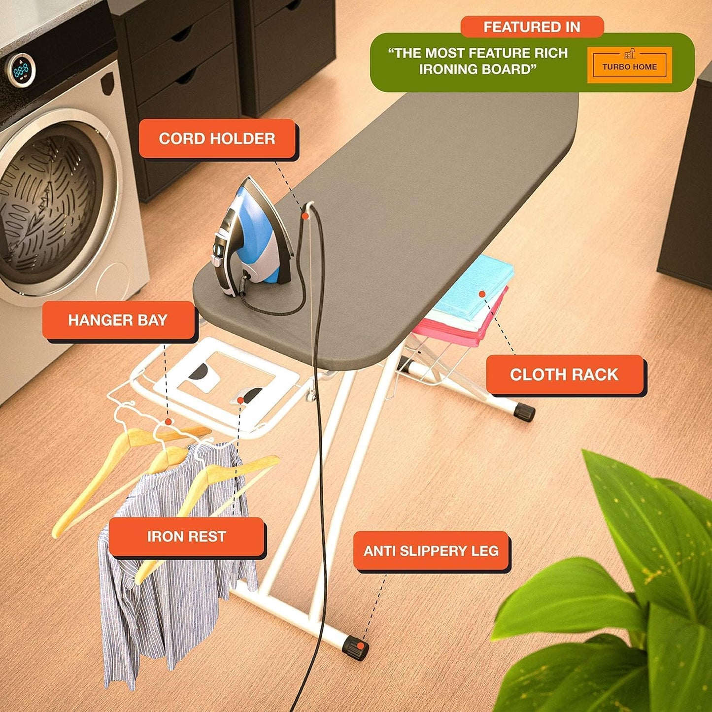 Xabitat Full Size Ironing Board 57" X 15" with Wall Mount Hanger, Full Metal Construction Iron Board, Built in Iron Caddy, Heat & Scorch Resistant Fabric, Cord Holder, Anti-Skid Feet, Heavy Duty