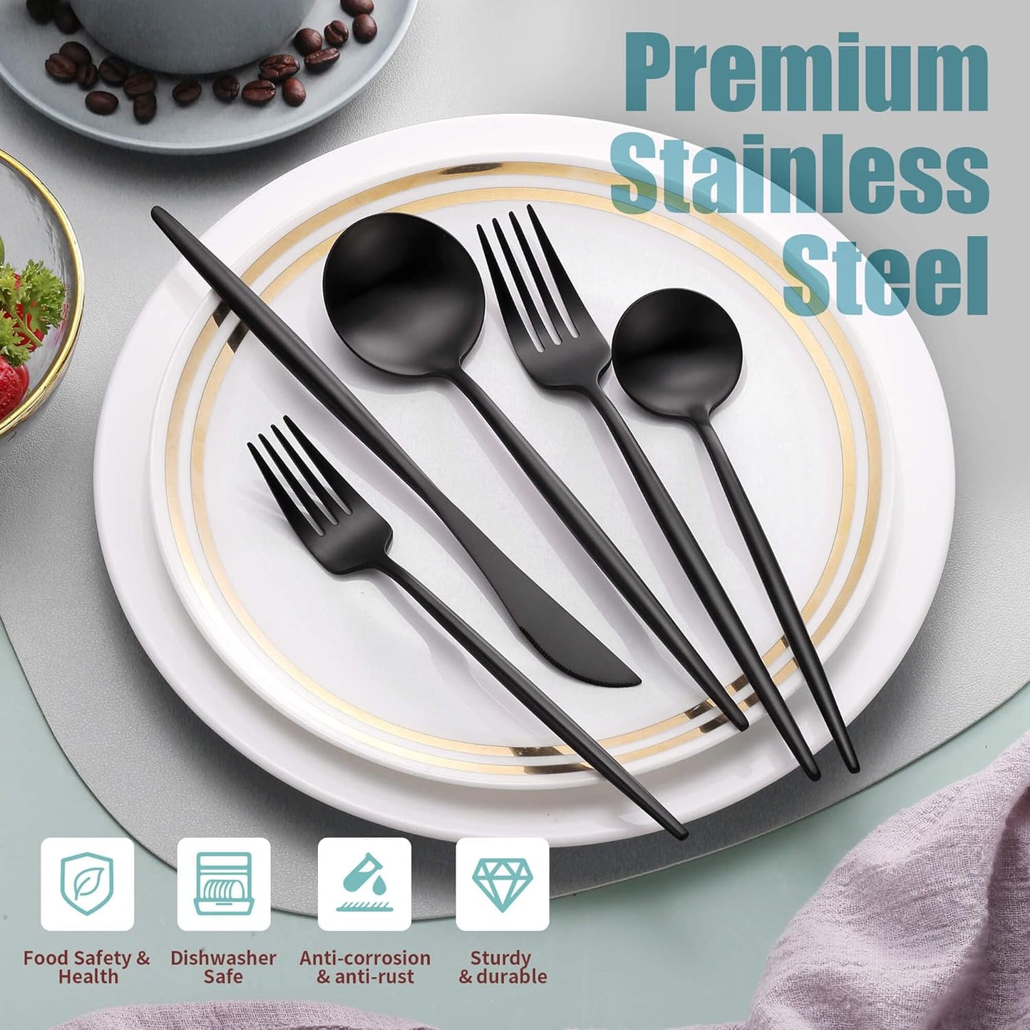 Matte Black Silverware Set for 8,Modern Stainless Steel Brushed Cutlery Set,40-Pieces Heavy Duty Flatware Set,Knives Spoons and Forks Set Utensils Set, Satin Finish, Dishwasher Safe