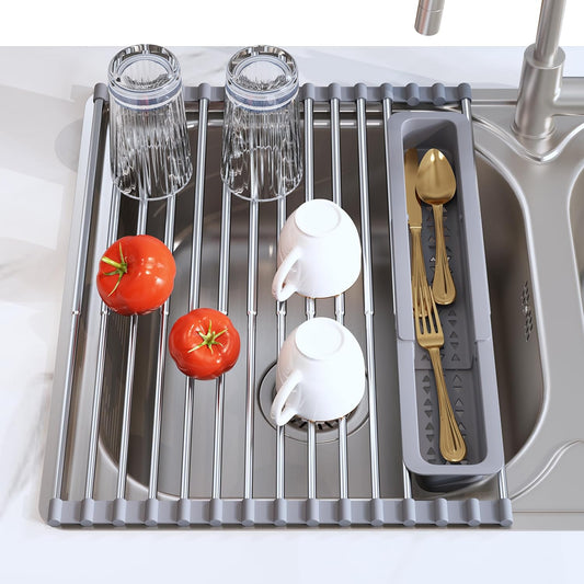 Roll Up Dish Drying Rack, Expandable (12.8"-23.8" D x 12.8" W) Stainless Steel Portable Drainer for Kitchen Sink Counter, Foldable Over The Sink Cover with Removable Utensil Holder