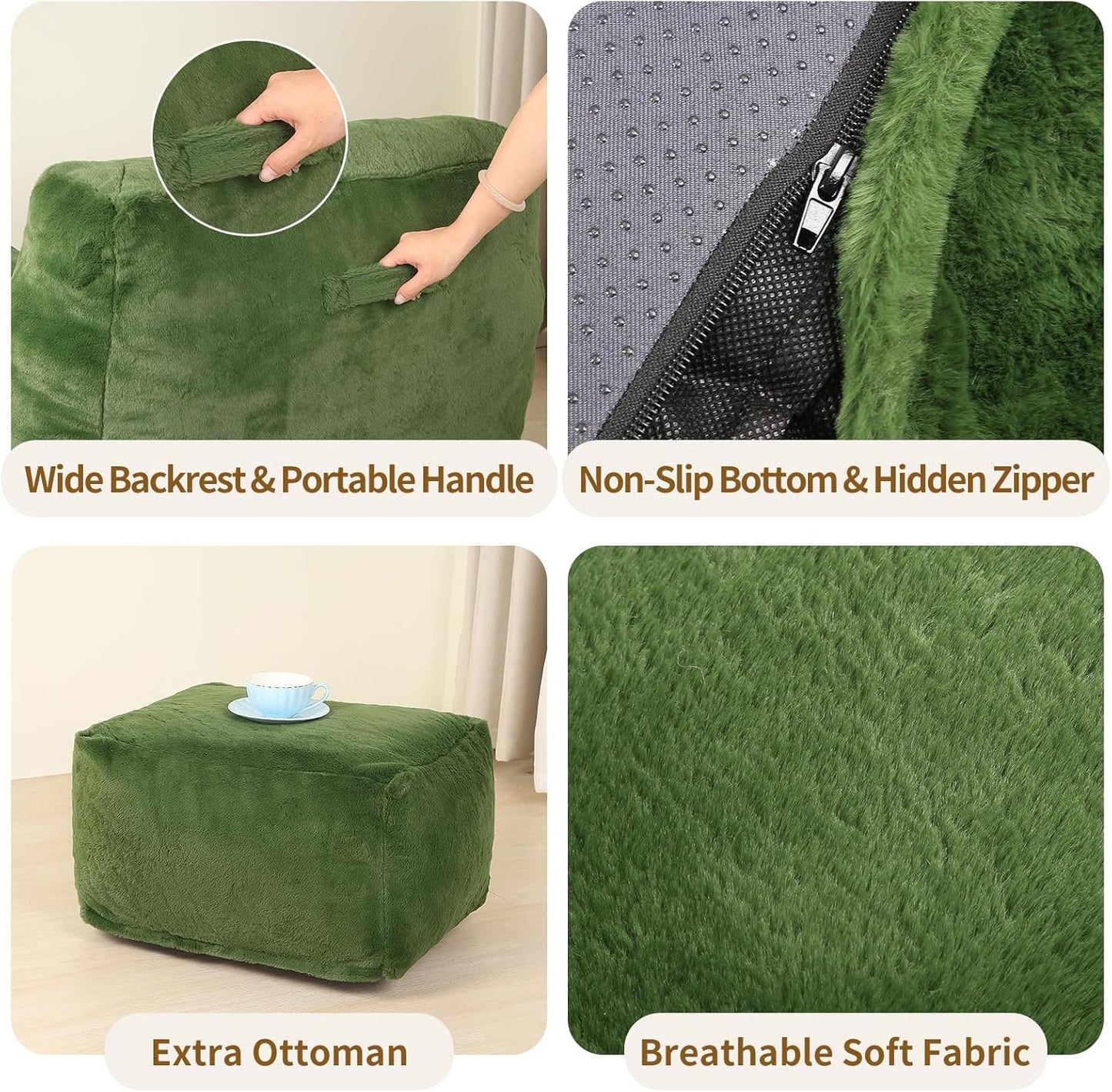 Comfy Gaint Bean Bag Chair with Ottoman, Huge Bean Bag Armchair for Adults and Teens, Green