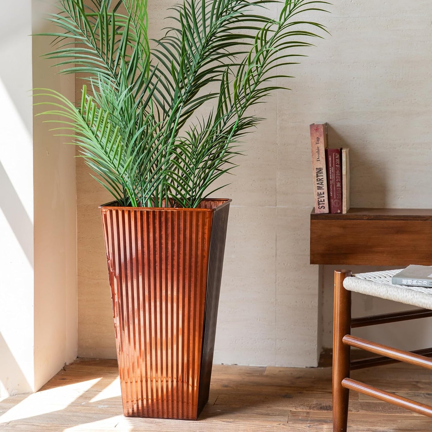 22in Vintage Handmade Metal Vertical Lines Copper Tapered Planters,Planter Box with Drainage Holes and Saucer -Set of 2, Galvanized Steel Planter for Indoor/Outdoor/Porch/Garden