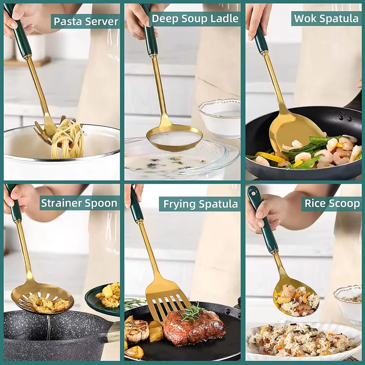 Generic Stainless Steel Kitchen Utensil Set, Spoon, Spatula, Pasta Server, Small Spatula (Black & Gold)