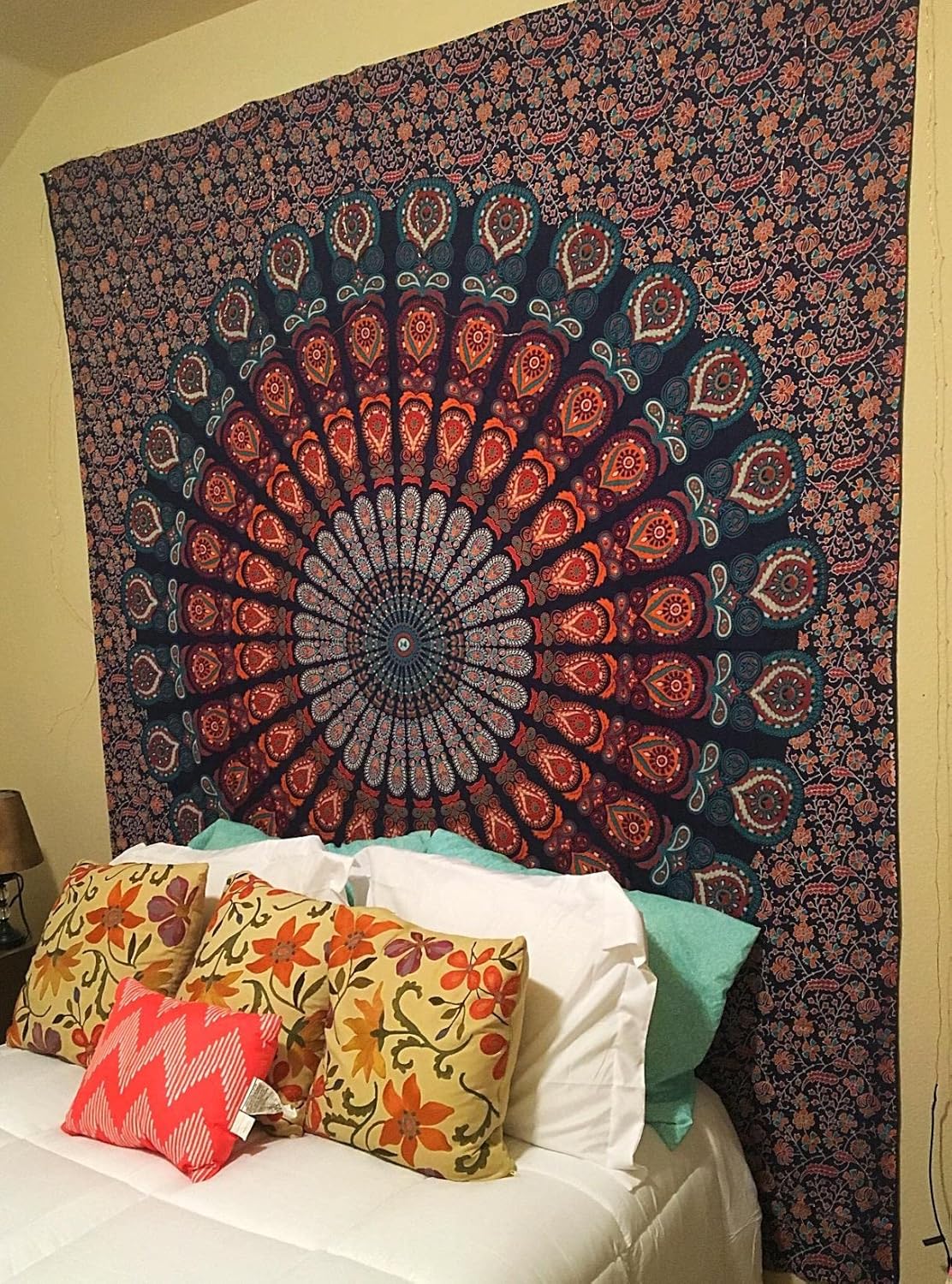 Bless International Handmade Indian hippie Bohemian Psychedelic Peacock Mandala Wall hanging College Dorm Beach Throws Table Cloth Bedding Tapestry (Golden Blue, Queen(84x90Inches)(215x230Cms))