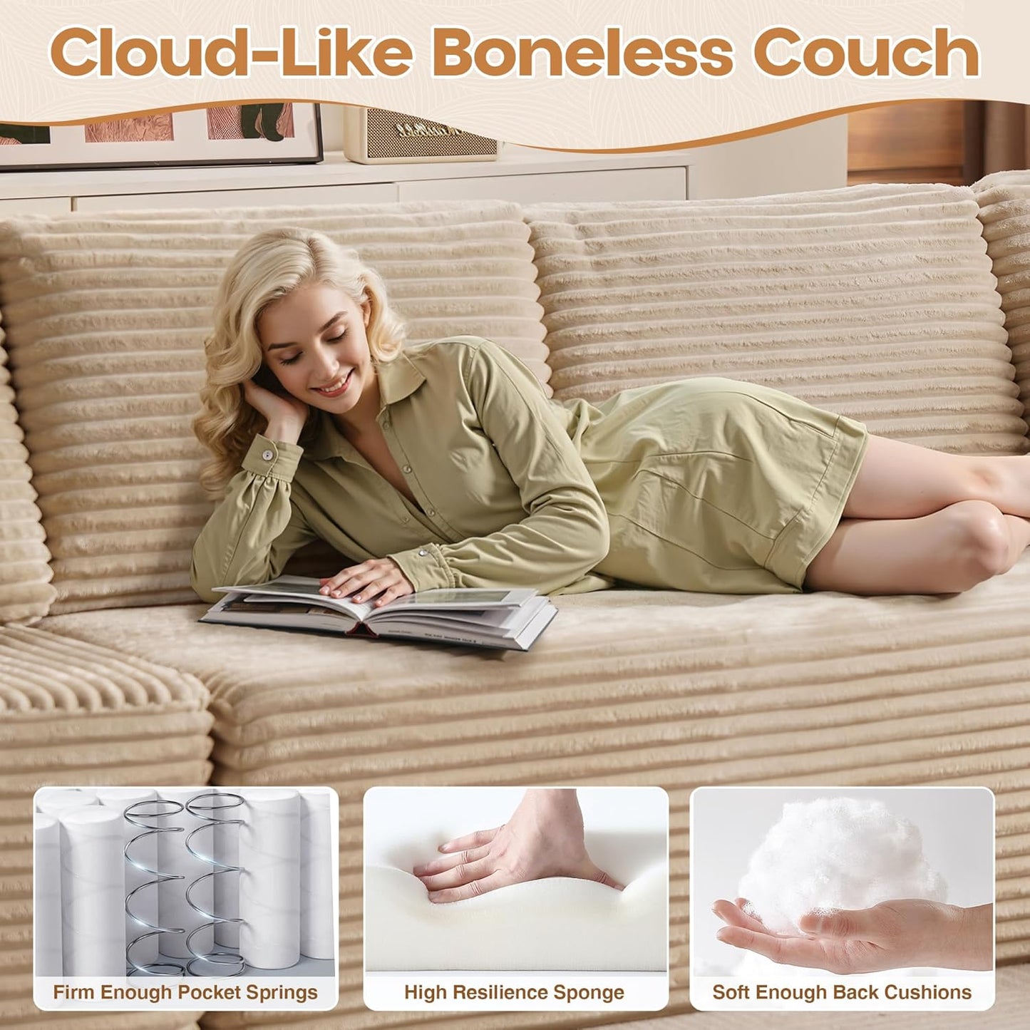 Cloud Sectional Couches for Living Room,U Shaped Modular Sofas No Assembly,165x107 Inches Plush Corduroy Oversized Floor Couch Set with Deep Seat Chaise,Beige