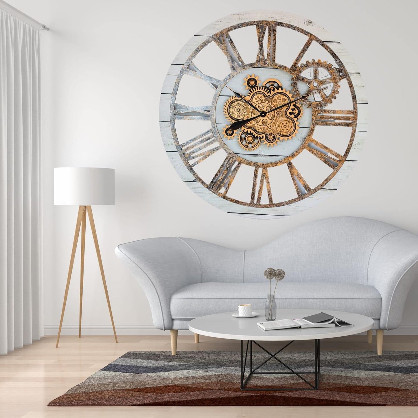 The Gears Clock 36'' Inch Real Moving Gear Wall Clock Vintage Industrial Oversized Rustic Farmhouse (White Farmhouse)
