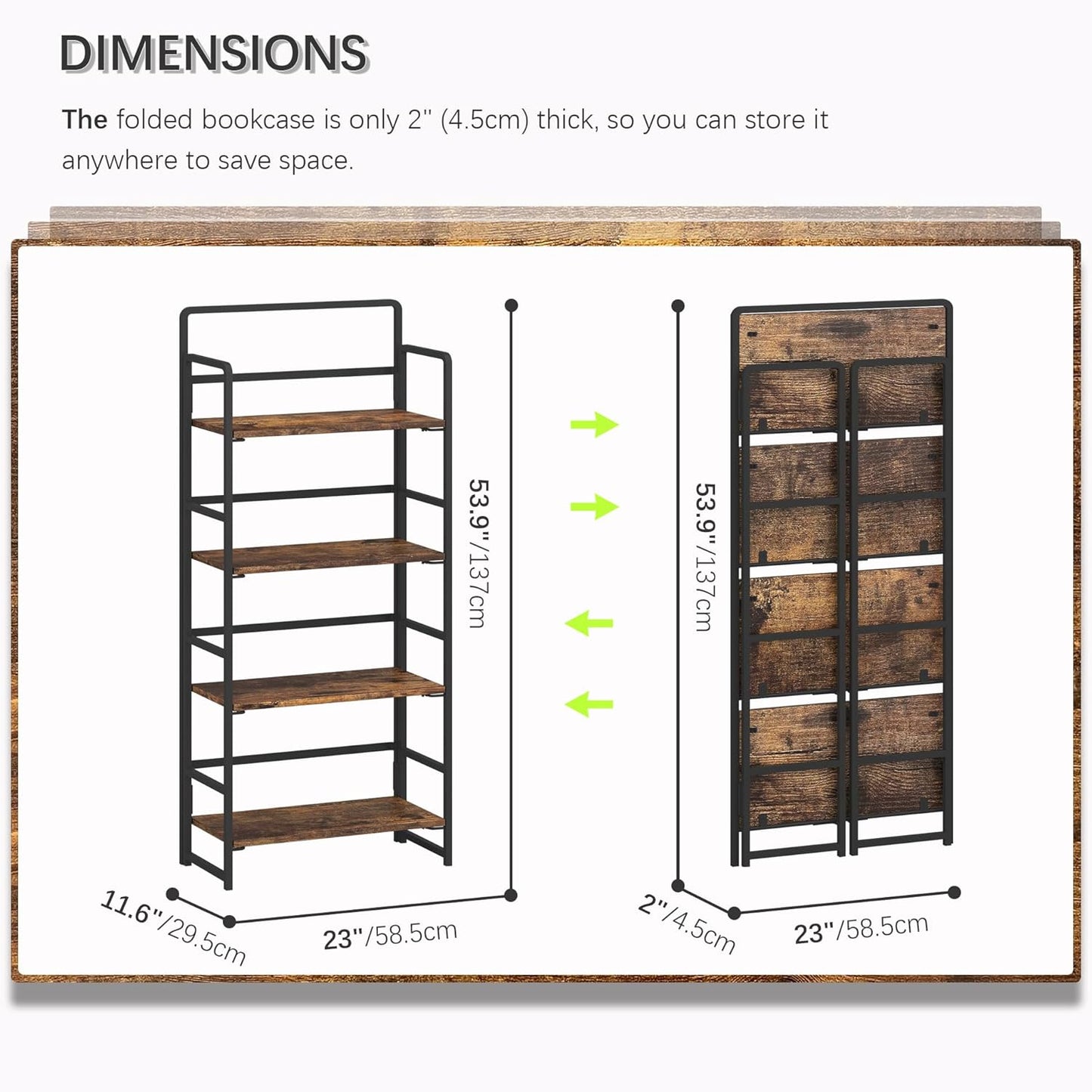 4NM No Assembly Foldable Bookshelf, 4-Shelf Collapsible Bookcase Storage for Small Spaces, 54" H, Rustic Brown and Black