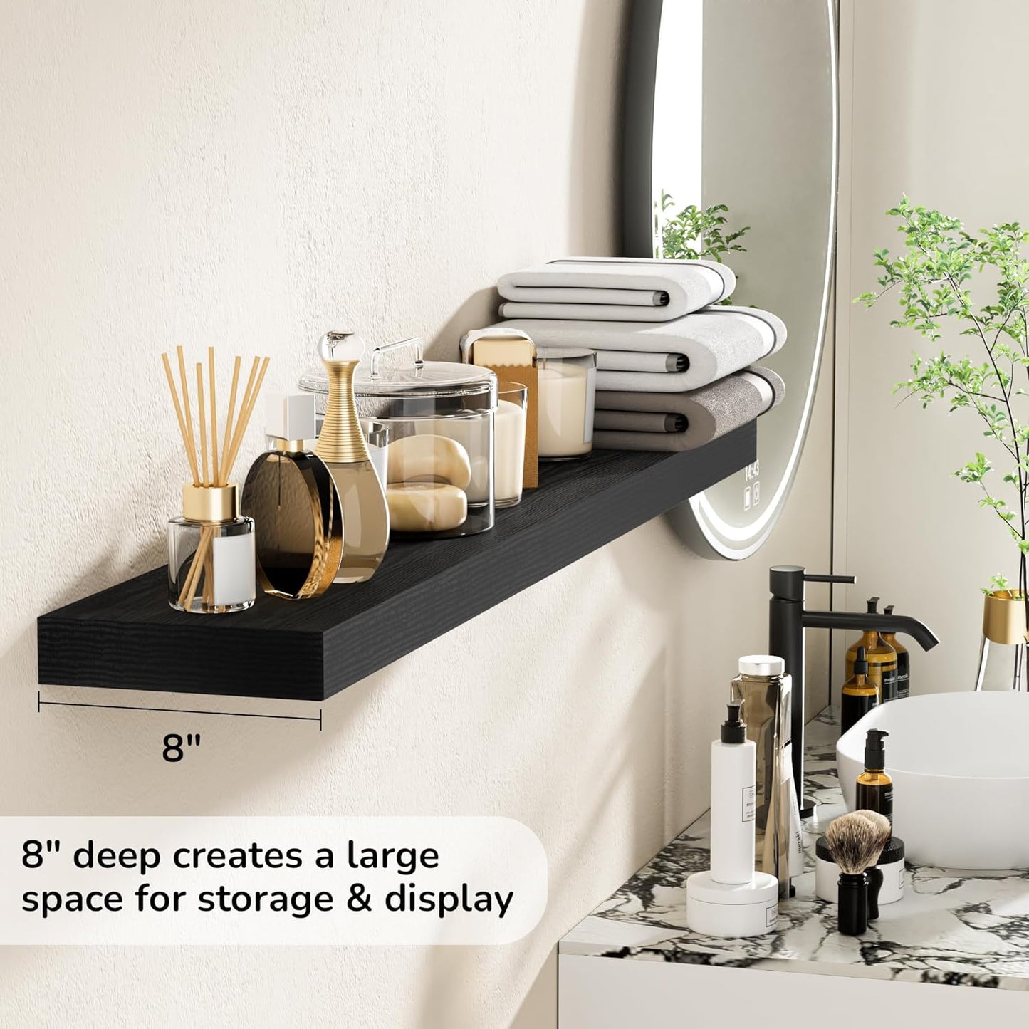 Fun Memories 48 Inch Floating Shelves - Fireplace Mantel Shelf - Deep Wall Mounted Wood Storage Shelf for Bedroom, Kitchen, Farmhouse - 1 Pack, Rustic Black